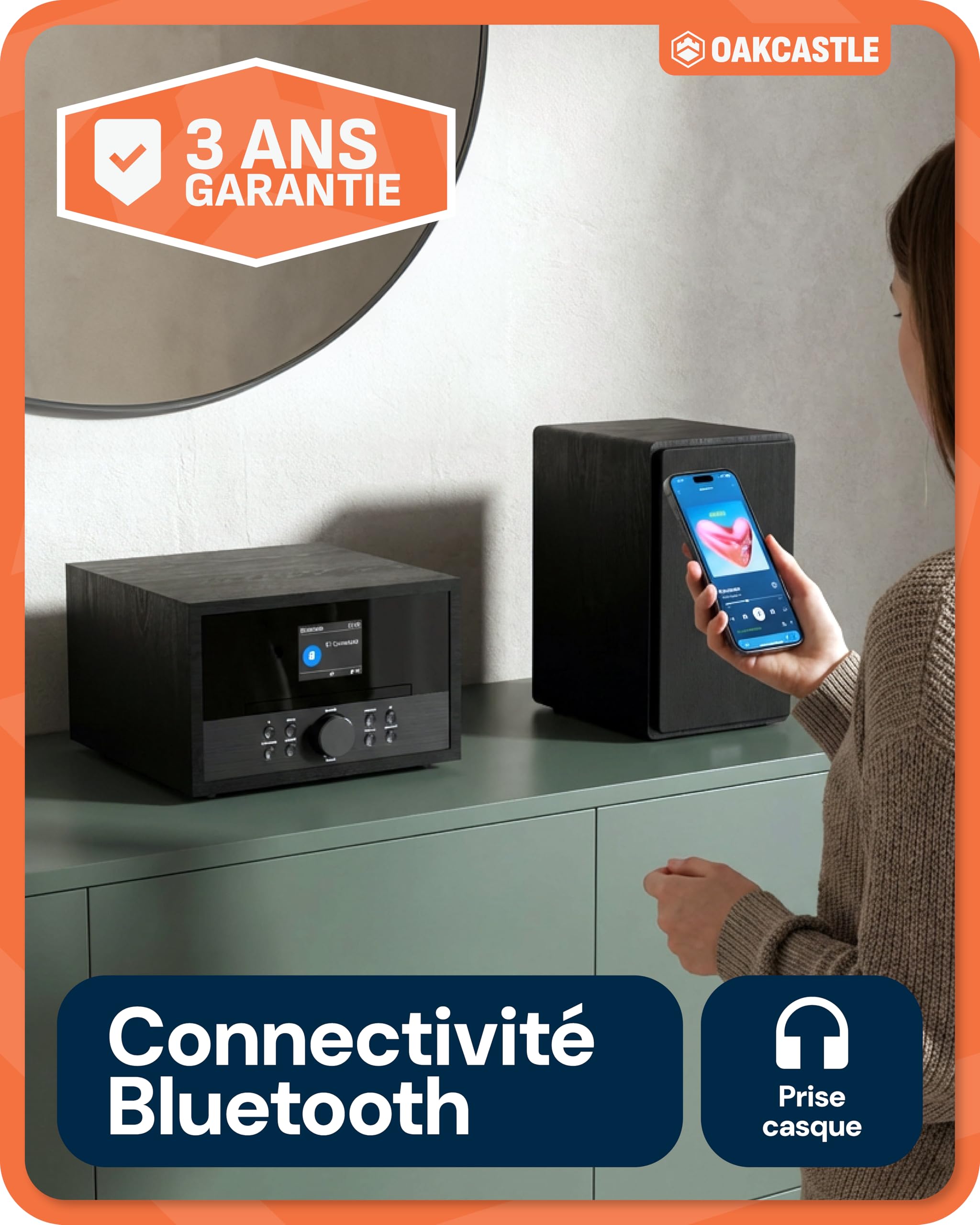 Mini Chaine HiFi, Lecteur CD avec Radio Plus, Haut Parleurs 60W Oakcastle | Haut-Parleurs, Radio Réveil Double Alarme, USB, AUX, MP3, Télécommande, Écran TFT