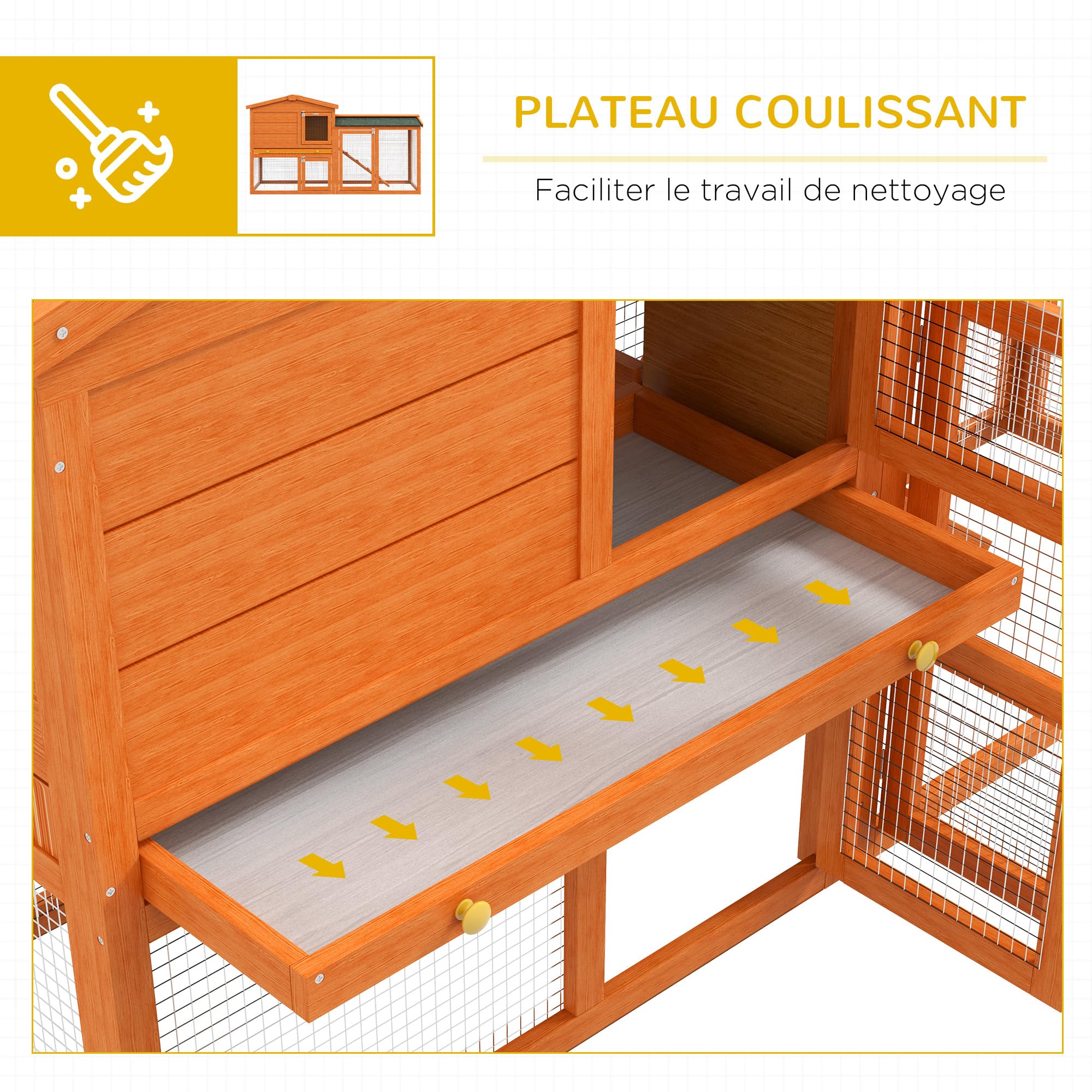 PawHut Clapier Cage à Lapins rongeurs 2 Niveaux 3 Portes verrouillables tiroir à déjection 150L x 45l x 85H cm Bois Massif Sapin