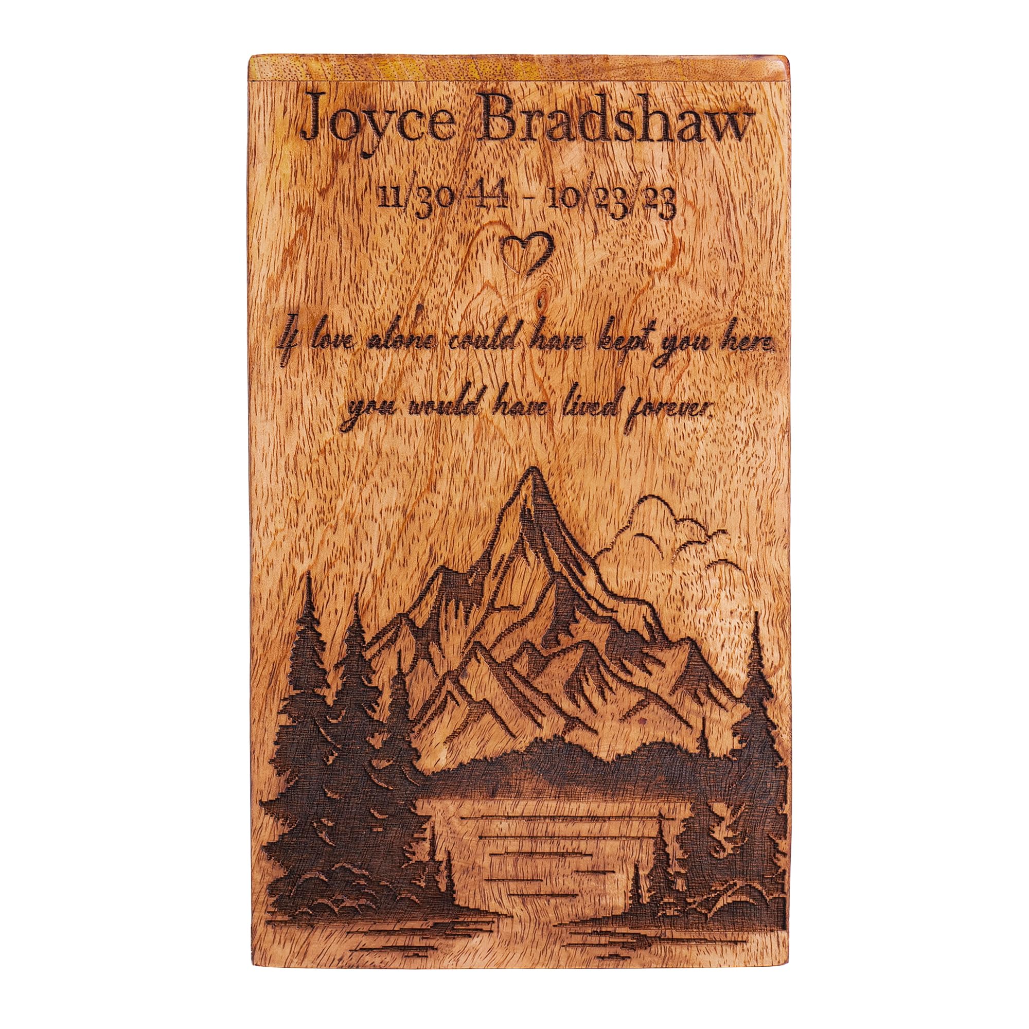 Handcrafted Mountain Design Solid Wooden Cremation Urn for Human Ashes, Elegant Memorial Funeral Burial Keepsake Urn for Adults, Men, Women, Male or Female, Custom Sizes XS to XL (12–250 lbs Capacity)