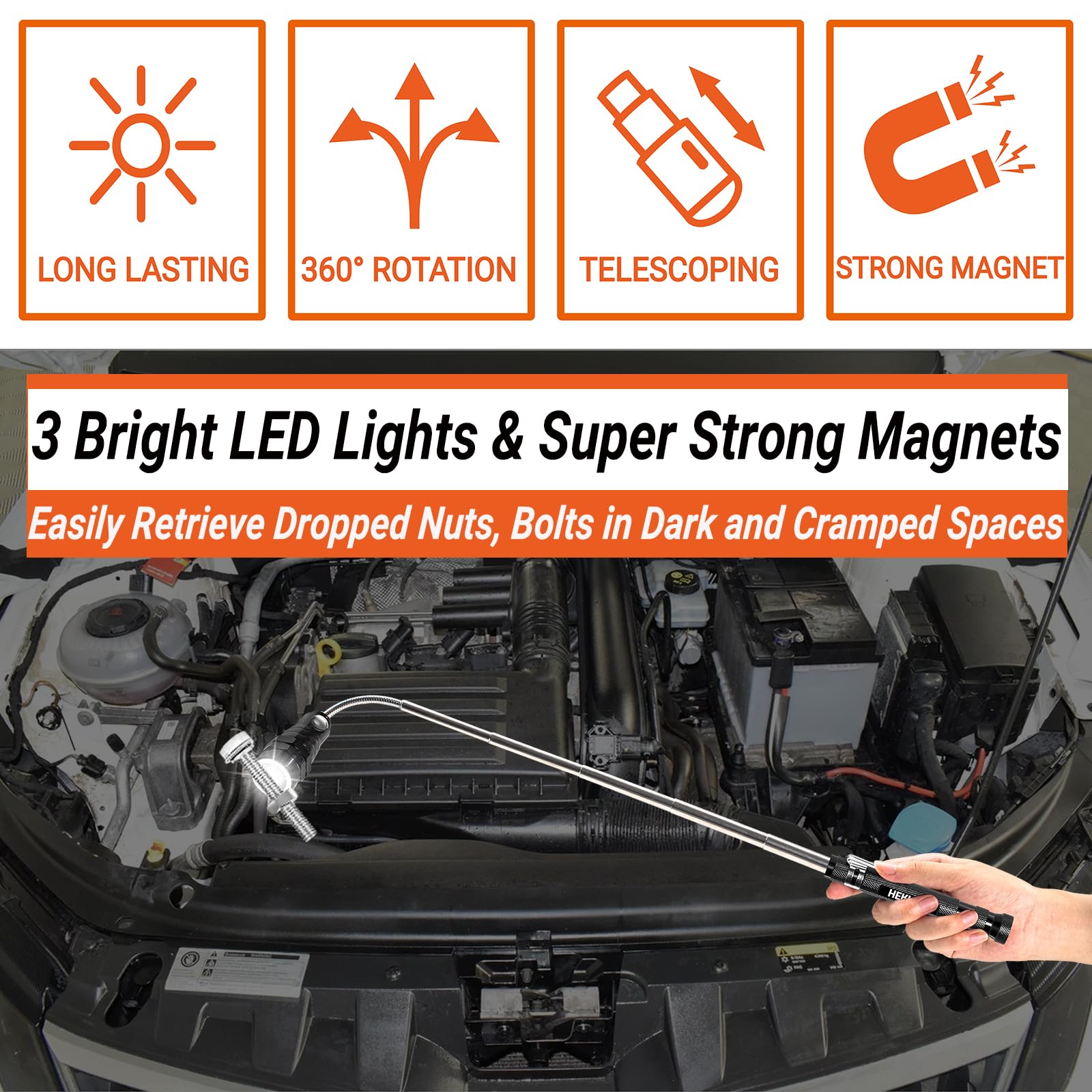 Herramienta de recogida magnética con 3 luces LED, linterna magnética telescópica, regalos para hombres, regalos de cumpleaños para papá, padre, manitas, marido, novio o mujer, color negro