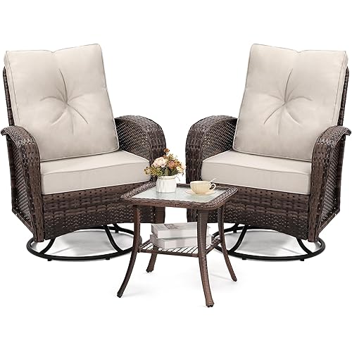 2 Luxury Outdoor Swivel Wicker Glider Patio Chairs with Table Set, Overstuffed Washable Cushions, Ideal for Porch, Balcony, Deck, Brown Rattan and Beige Cushions