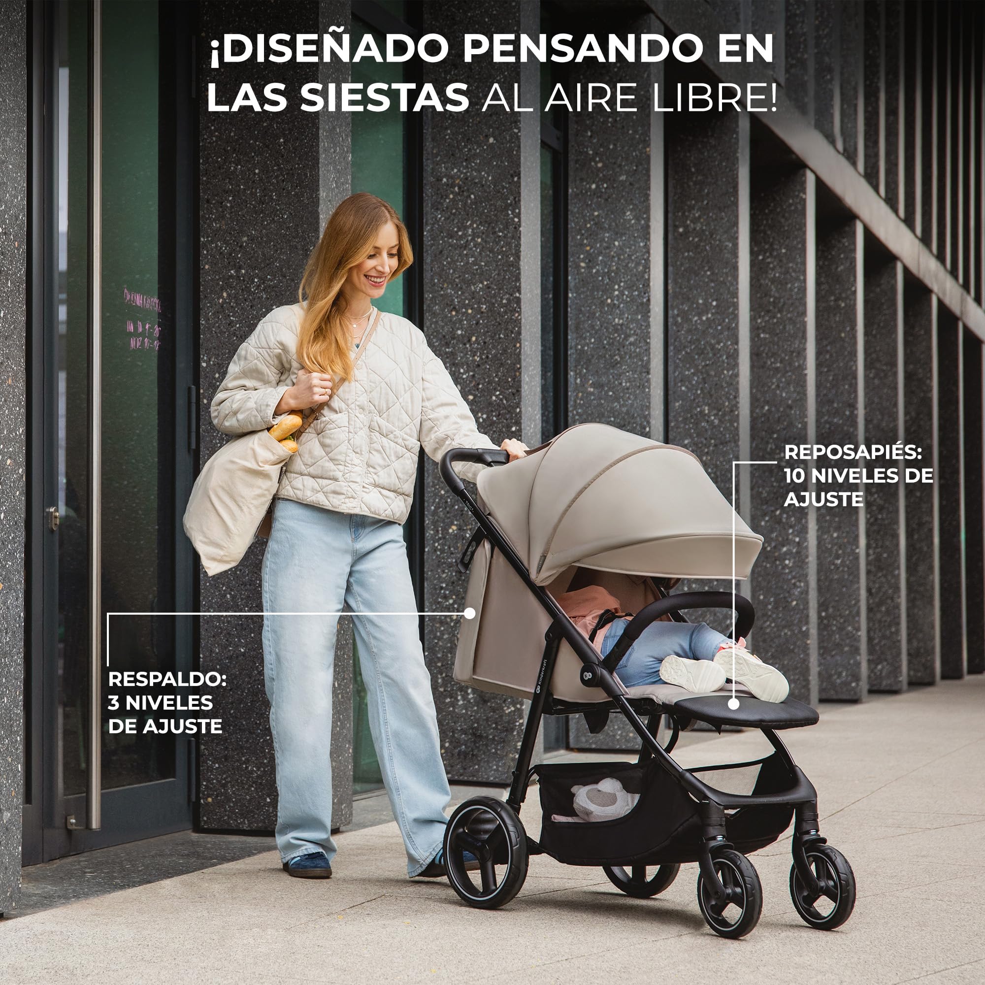 Kinderkraft TRIG 3, Silla de Paseo, Ligera y manejable, Suspensión, Cinturón de 5 puntos, Reposapiés, Ajustable, Carga máxima de 25 kg, Beige