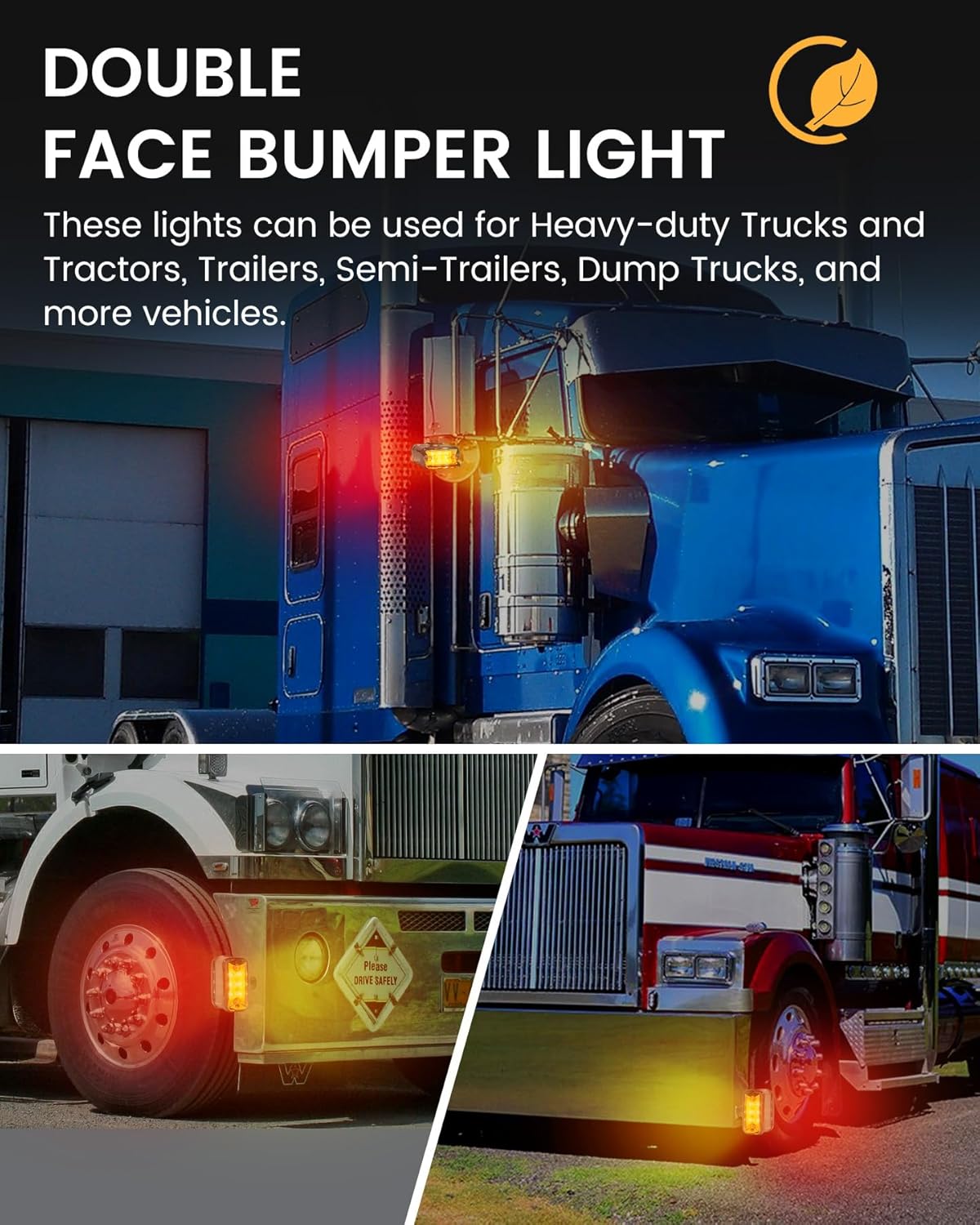 2PCS Amber/Red Dual Revolution 12 LED Turn Signal Marker Lights w/Visor, Semi Truck Double Face Chrome Auxiliary Bumper Pedestal Lights for Freightliner Peterbilt Kenworth Mack Western Star