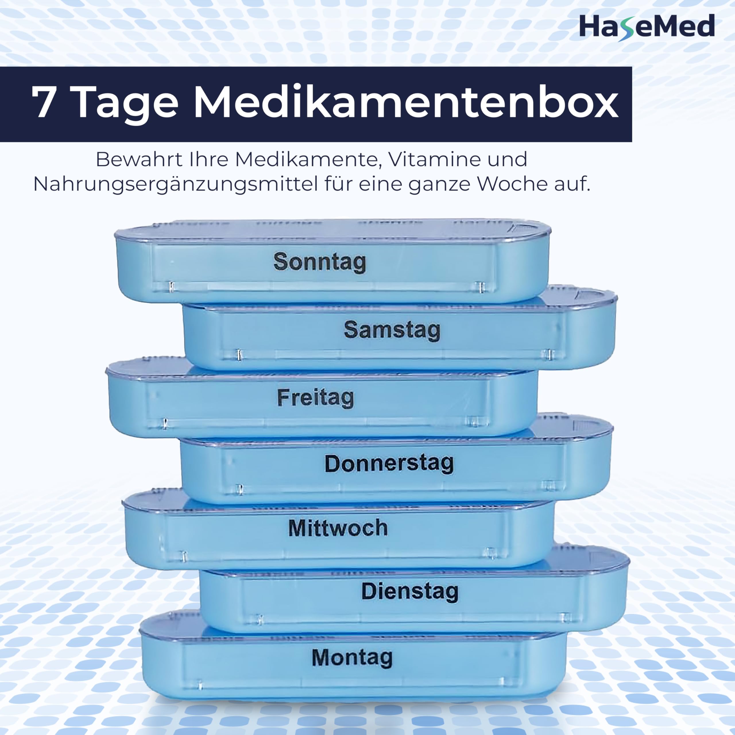 HaseMed Tablettenbox 7 Tage 8 Stück – Wochendispenser mit 7 herausnehmbaren Tagesfächern – Pillendose für Medikamente, Vitamine & Nahrungsergänzungsmittel – kompakt, BPA-frei & ideal für unterwegs
