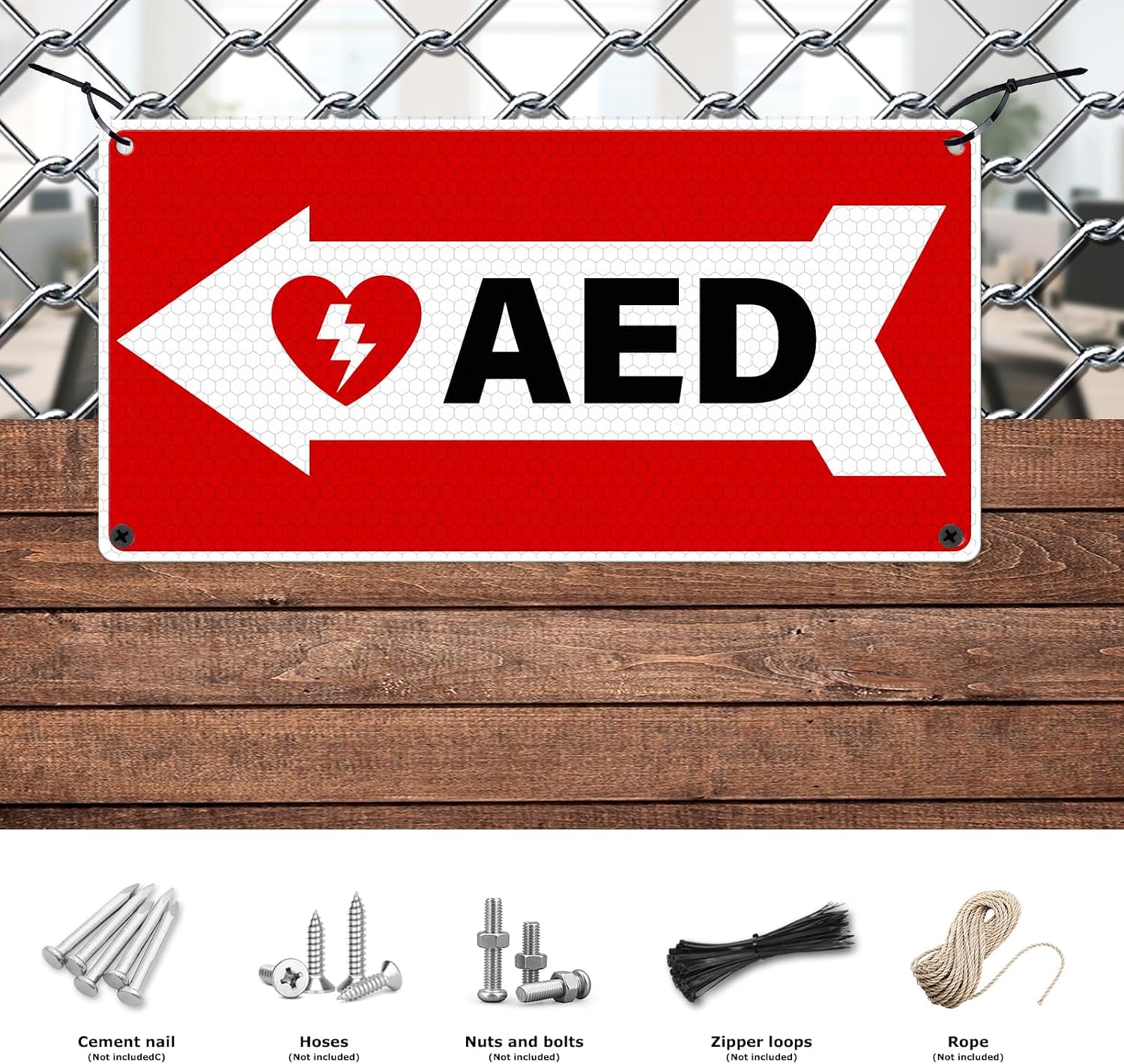4 Pack AED Signs with Left Arrow 10 × 5 Inches Pre-Drilled Holes Aluminum Metal Reflective Sign Waterproof Rustproof Fade Resistance Signage for Offices Businesses Workplaces