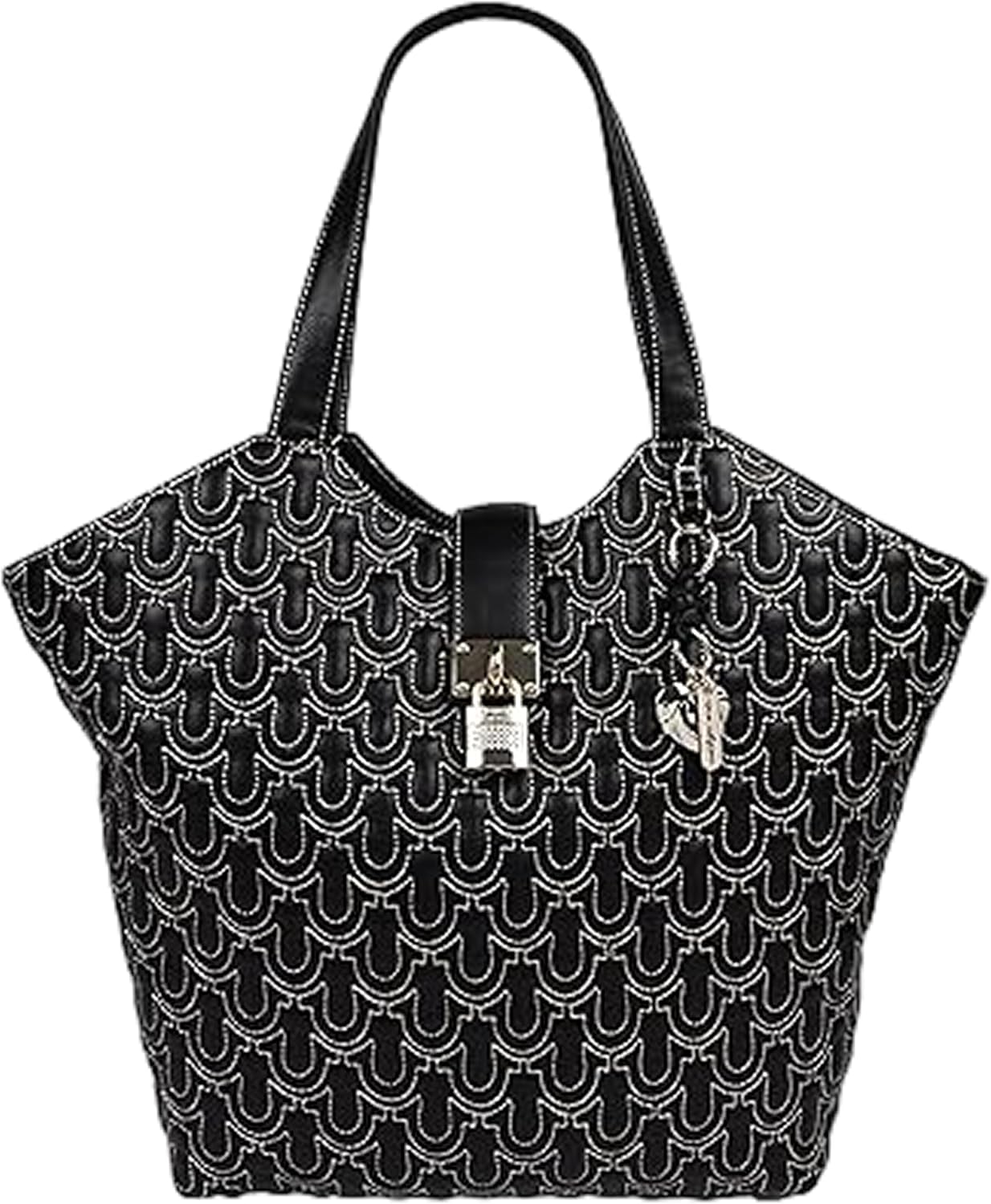 True Religion Tote Bag, Horseshoe Quilt Charm Purse with Padlock Detail, Removable Branded Charm and Gold Hardware, Black