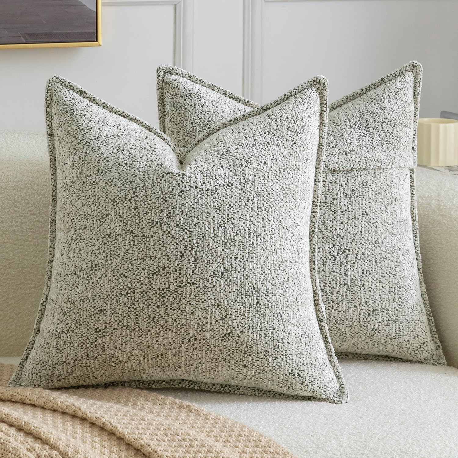 Madizz Pack of 2 Decorative Cushion Covers Boho Soft Textured Chenille Throw Pillows Solid Euro Sham Pillow Covers for Couch Sofa Bedroom Living Room 60x60 CM, Mixed Green