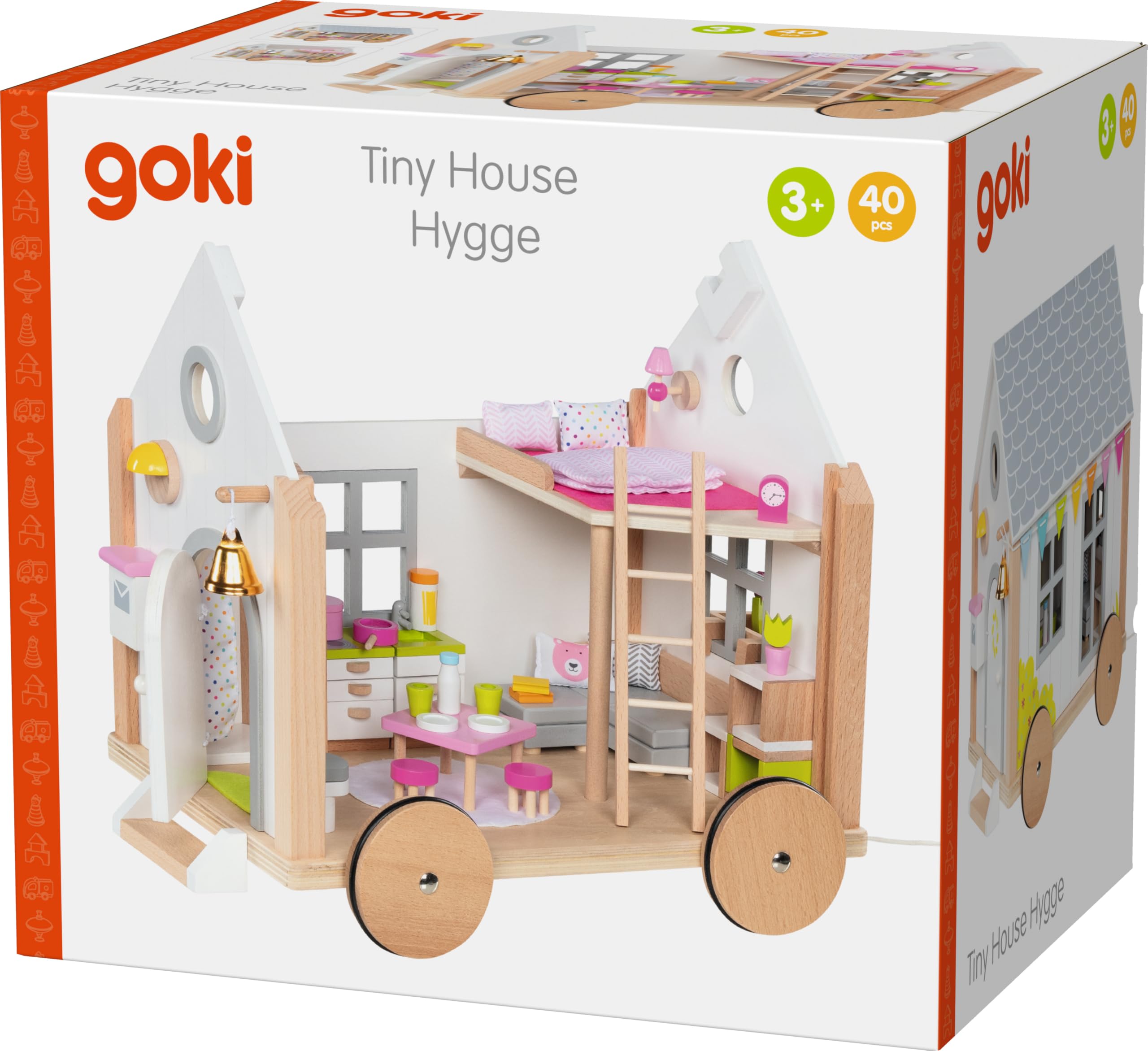 goki 51477 - Tiny House Hygge aus Holz und Textil für Mini-Puppen, Mobiles Puppenhaus im skandinavischen Stil, 38cm x 27cm x 33cm, 40er Set, ab 3 Jahre