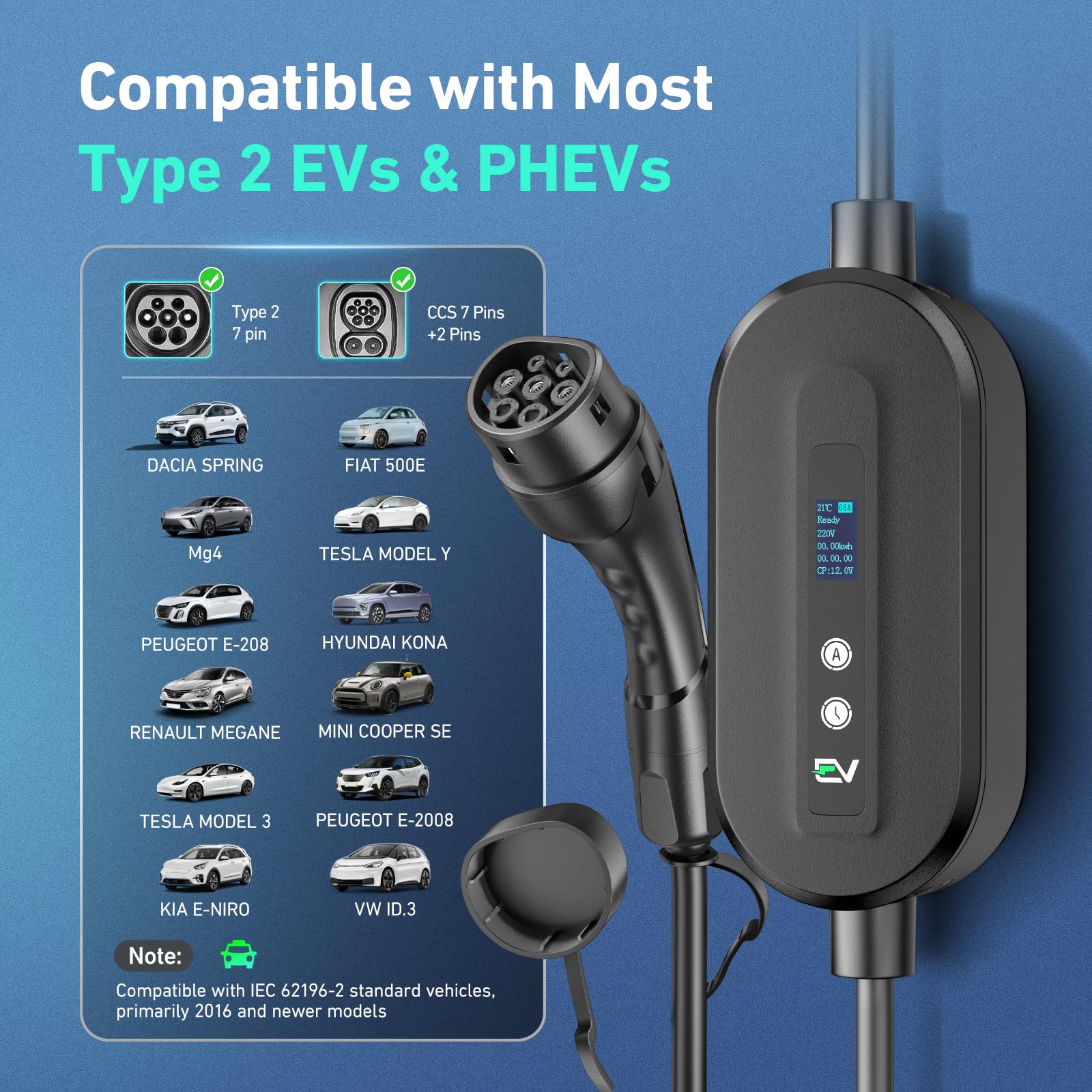 Evjuicion Cargador para Coche eléctrico [6m, 6-16 A] Cable de Carga para Coche eléctrico con Pantalla LCD, retardo de 0-12 h, IP65 Impermeable, IEC 62196-2,Compatible con vehículos eléctricos/PHEV