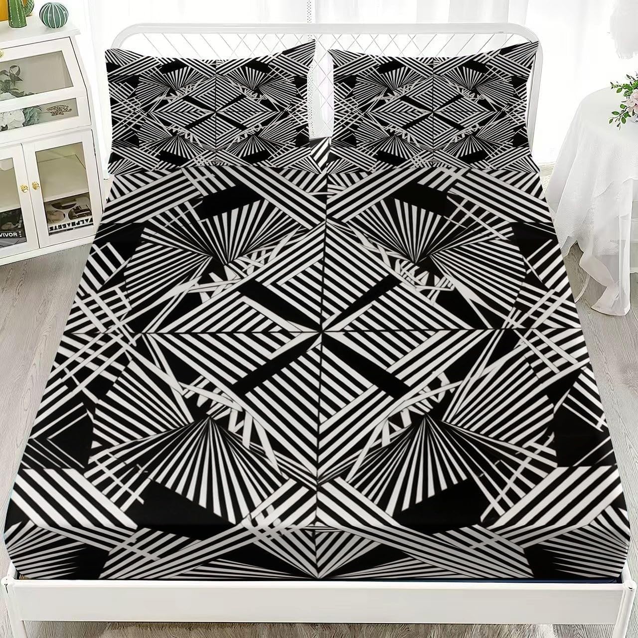 Black and White Geometry Fitted Sheet Lines Bed Sheets Deep Pocket 12 inch (30 cm) Soft Cozy 3 Piece Microfibre Bed Sheet 200x200 cm with 2 Pillowcases 50x75 cm