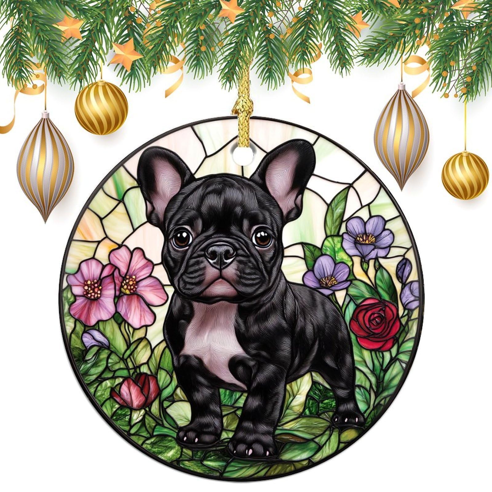Stained Glass French Bulldog Puppy Christmas Tree Hanging Ornaments,2 Pieces, 7.2CM Round Double-Sided