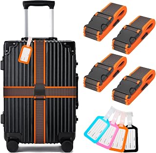 Luggage Straps and Tags Set for Suitcase, 4 Vibrant Color Straps and 4 Tags | Protect Suitcases, Vibrant Color-Block Identity, Instantly Spot Suitcase, Gray-orange