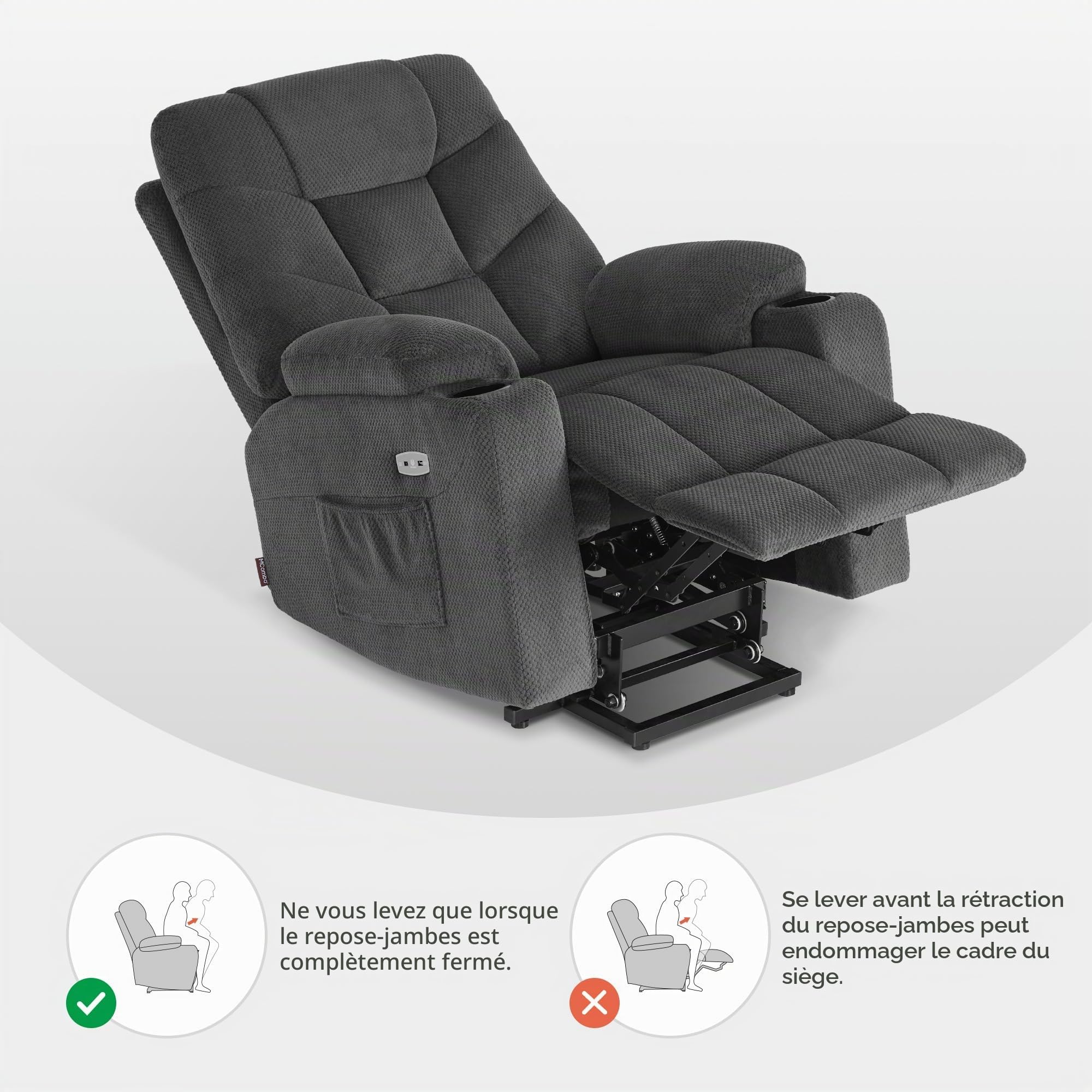 M MCombo Fauteuil TV avec Aide à la montée électrique, Fauteuil avec Aide à la montée, Fauteuil TV avec Fonction inclinable jusqu'à 140°, avec USB 7286