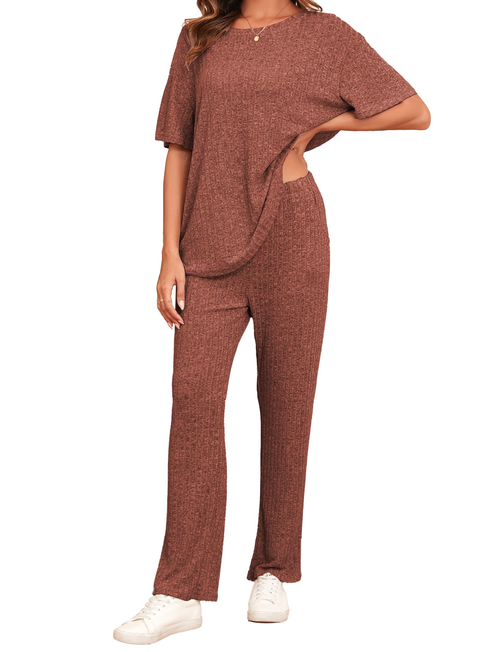 Famulily Schlafanzüge für Damen Sommer Kurzarm Loungewear Hausanzug Weites Bein Freizeitanzug Zweiteiler Set Outfit mit Taschen