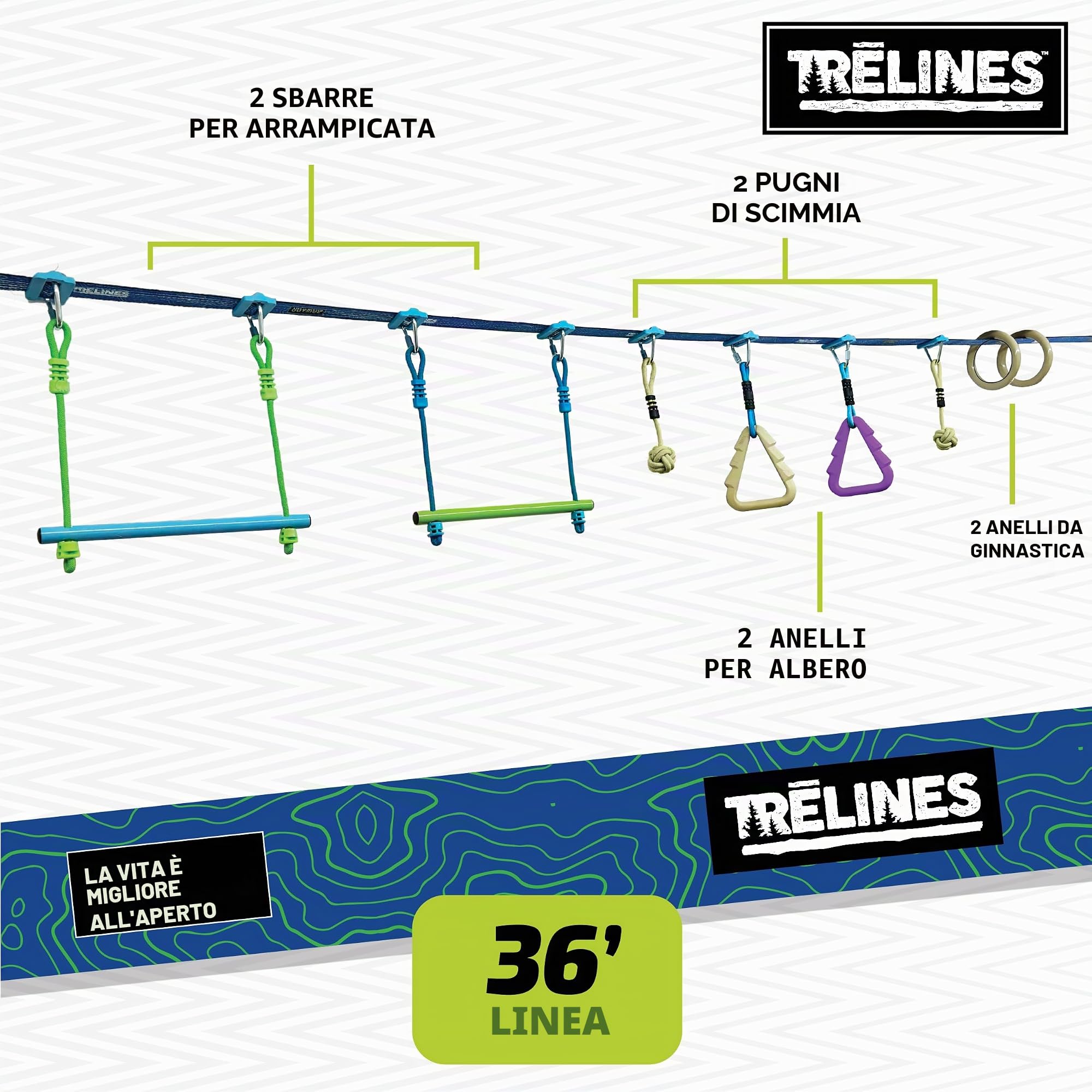 Treline - Set avventura Ninja 10 metri, Set da arrampicata per bambini dai 5 anni in su