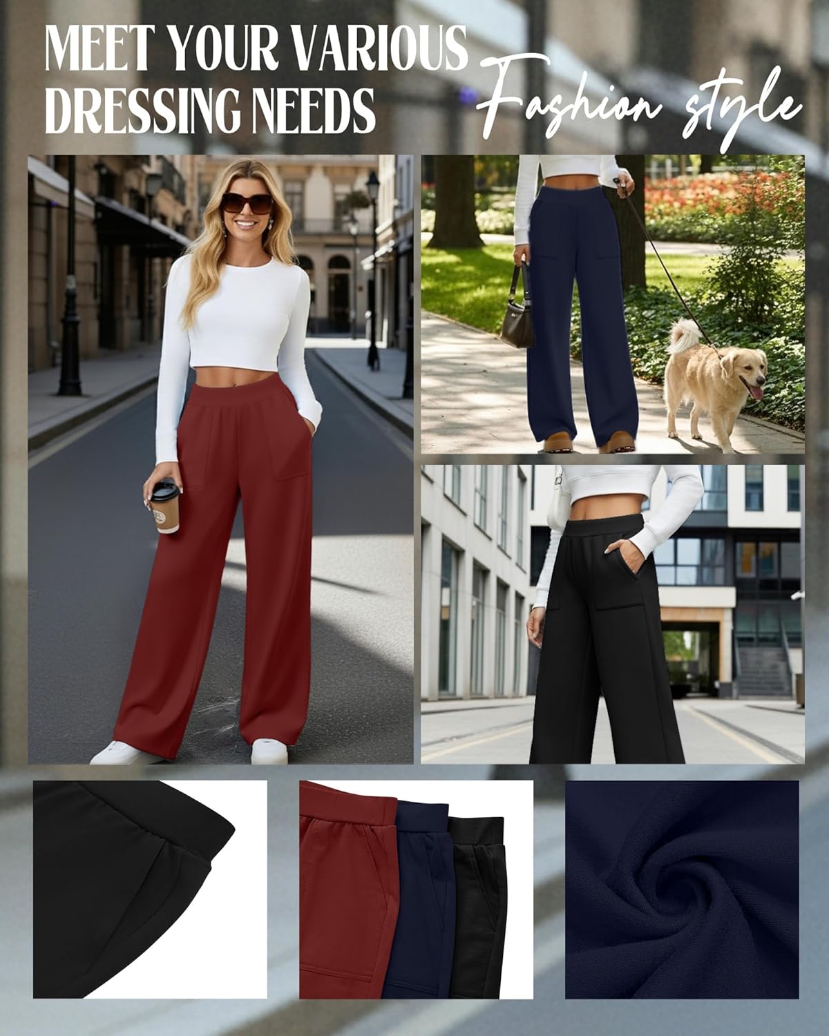 3 Pack Women's Wide Leg Lounge Pants High Waisted Sweatpants Casual Elastic Yoga Open Bottom Joggers with Pockets - Image 3