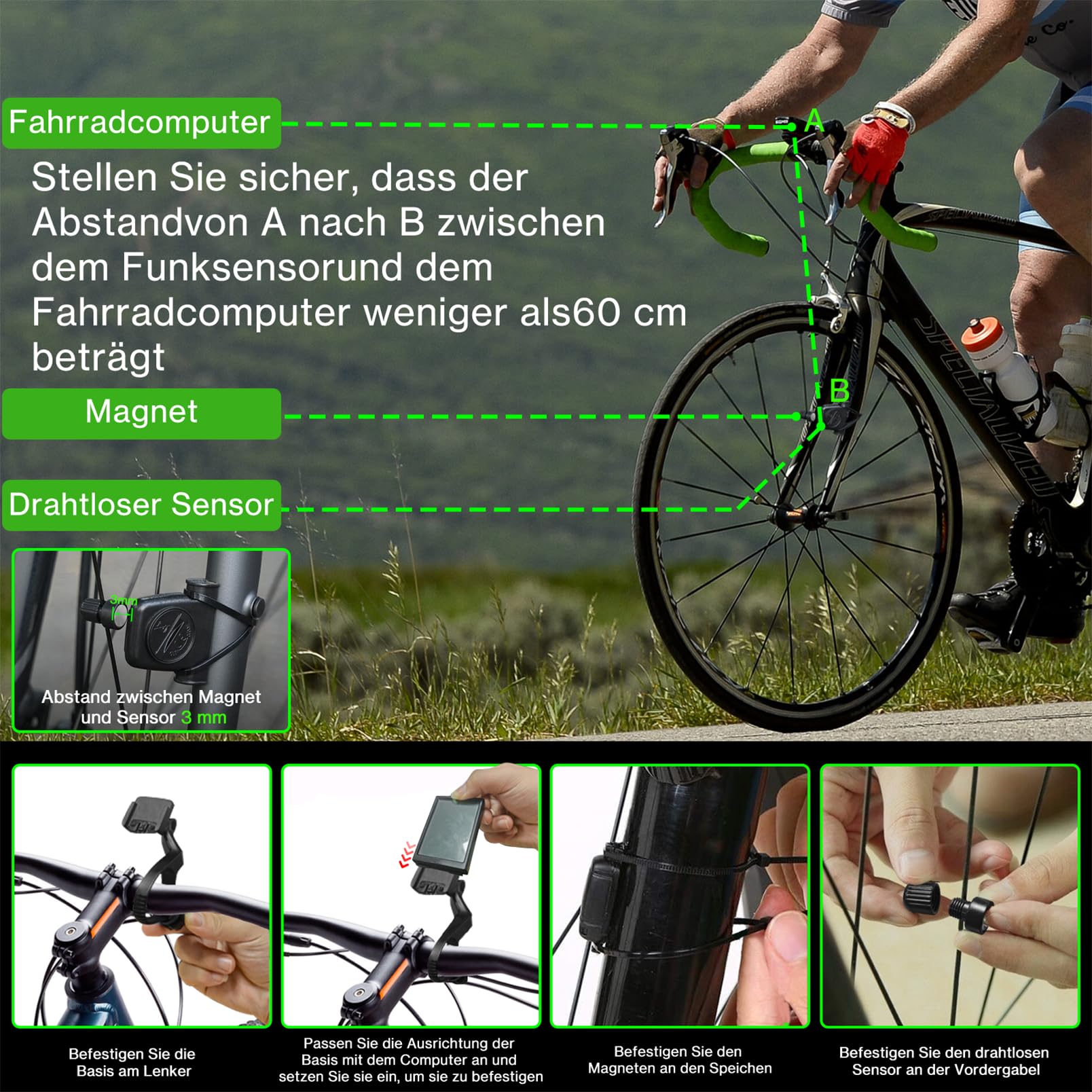 Fahrradcomputer Kabellos, 31 Funktionen Fahrrad Tacho, 3 Zoll großem Bildschirm wasserdichte Fahrradtacho Kabellos, Automatisches Aufwachen Fahrrad Tachometer Kilometerzähler Hintergrundbeleuchtung Sport & Freizeit