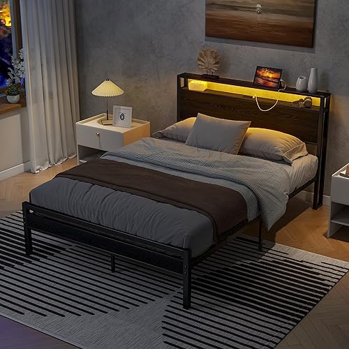 Miniatura 11 de Base de cama de tamaño matrimonial con cabecera de almacenamiento/estación de carga USB, marco de cama de plataforma de metal, tamaño matrimonial,