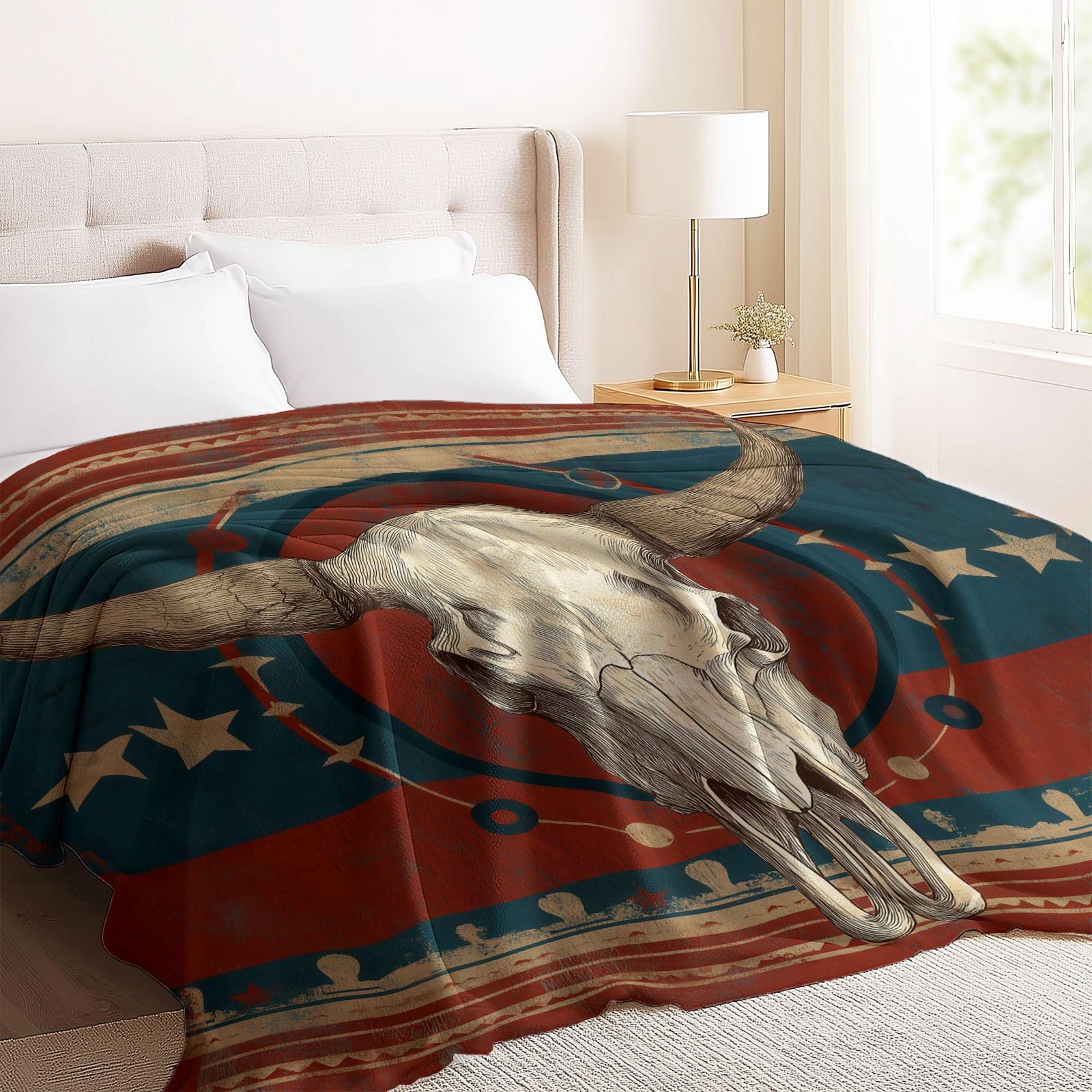 Vintage Verwittert Kuscheldecke Kuh-Schädel Sterne Streifen Decke Tagesdecke Wohndecke Rot, Couchdecke Weich Warm Flauschig, Sofa Decke für Reisen Zelten Outdoor, 150 x 200 cm