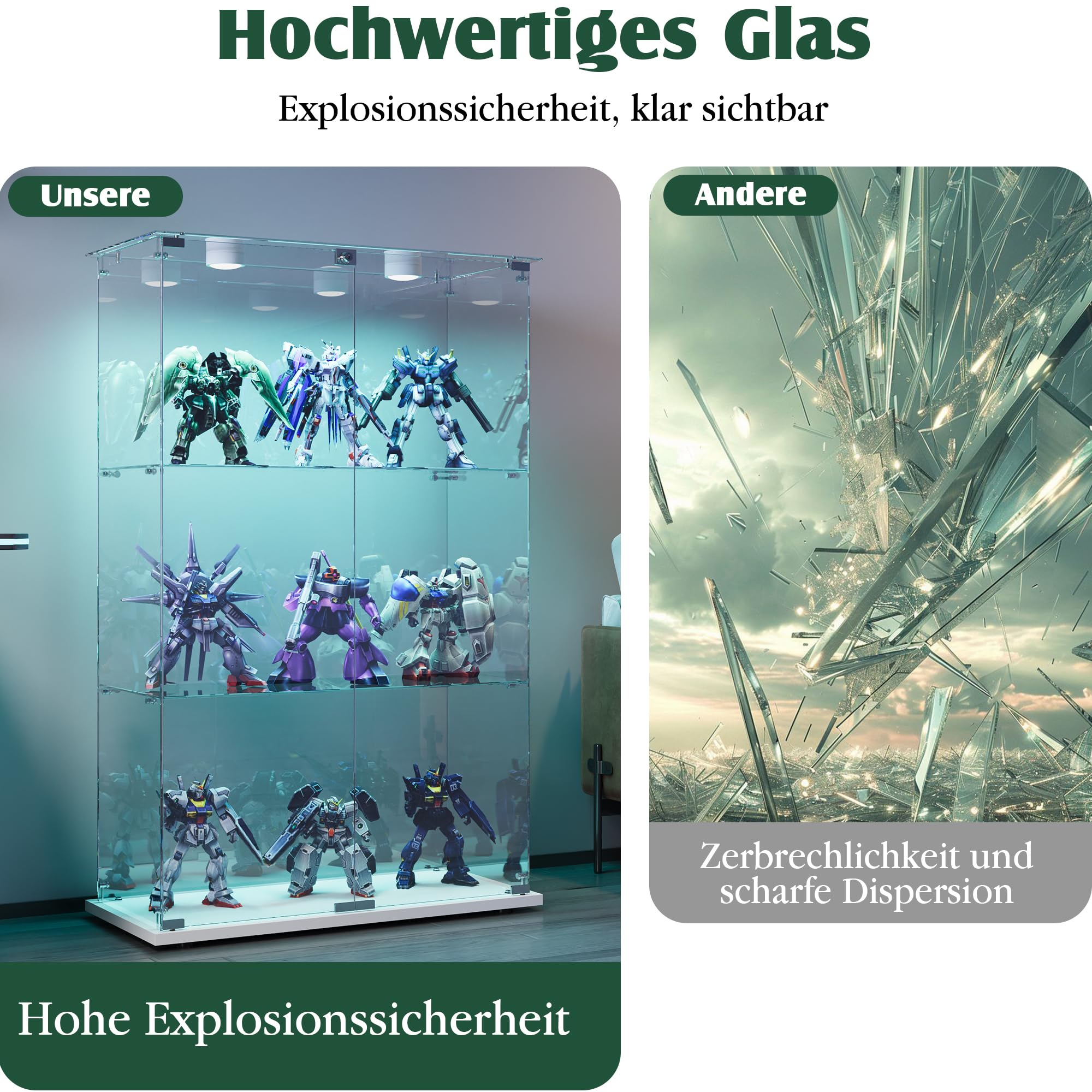 Glasvitrine Standvitrine mit LED Beleuchtung, Glasvitrine Stehend mit 3 Glasböden & 2 Glastüren abschließbar, Vitrinenschrank für Wohnzimmer Büro Sammlerstücke Bücher Wein Weiß