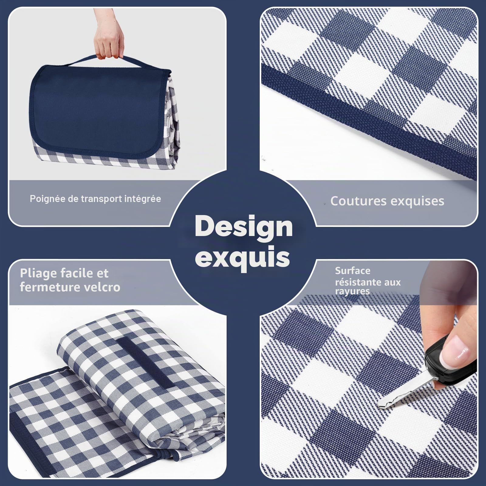 Grande couverture de pique-nique imperméable, 200 x 200 cm, résistante au sable, lavable en machine, avec poignée de transport, pour camping, plage, pique-nique en famille, motif écossais bleu