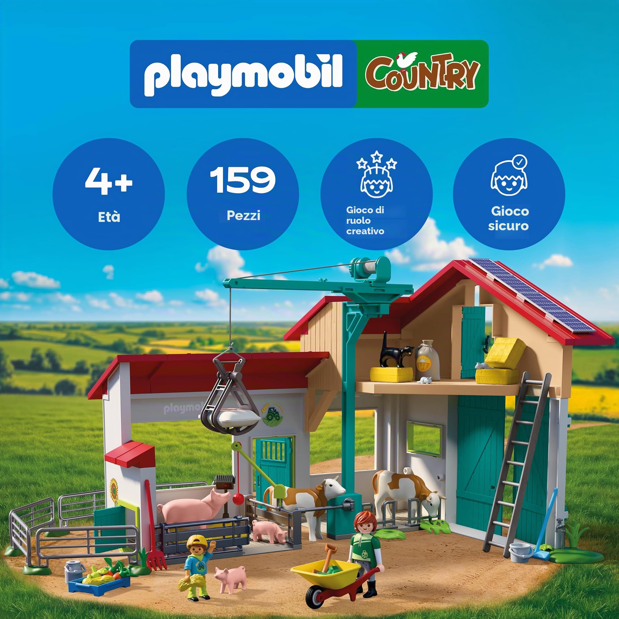 PLAYMOBIL | Country | Grande fattoria | Set di gioco con gru di carico, stalle, molti animali e ricchi accessori | Per bambini da 4 anni | 72160