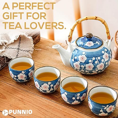 Miniatura 7 de Juego de té japonés, juegos de té de porcelana de estilo japonés para adultos, 1 tetera de cerámica con asa, 1 filtro de té de acero inoxidable y 4