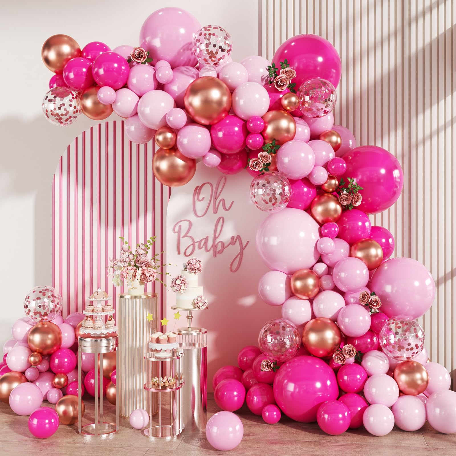 MEBAY Pink and Rose Gold Balloon Garland Arch Kit, 147Pcs Hot Pastel Pink Metallic Rose Gold Balloons with Confetti for Bridal Baby Shower Birthday