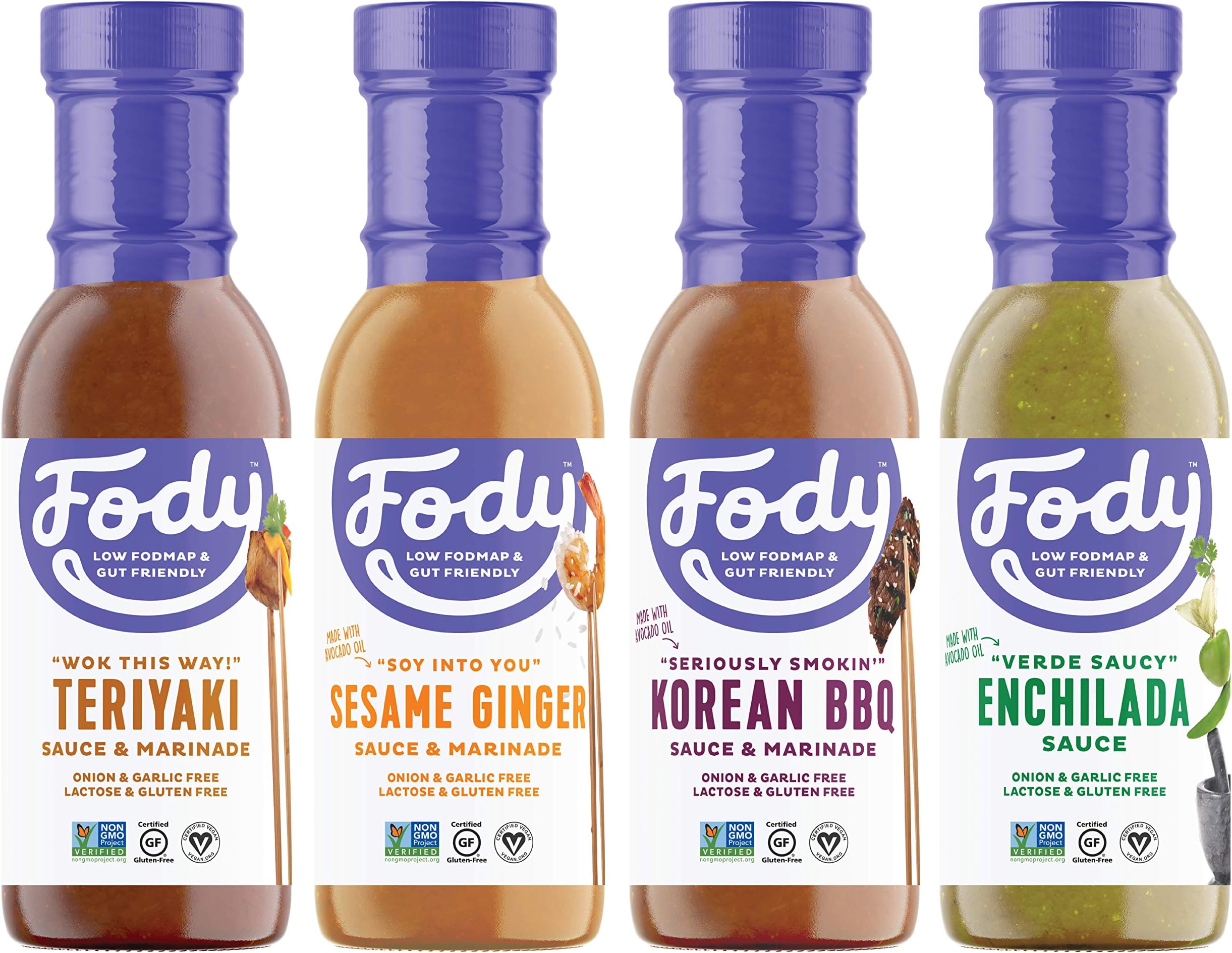 Fody Foods Vegan Variety Sauce Marinade Pack | Low FODMAP Certified | Gut Friendly No Onion No Garlic No MSG | IBS Friendly | Gluten Free Lactose Free Non GMO | 4 Bottles, 8 Ounce