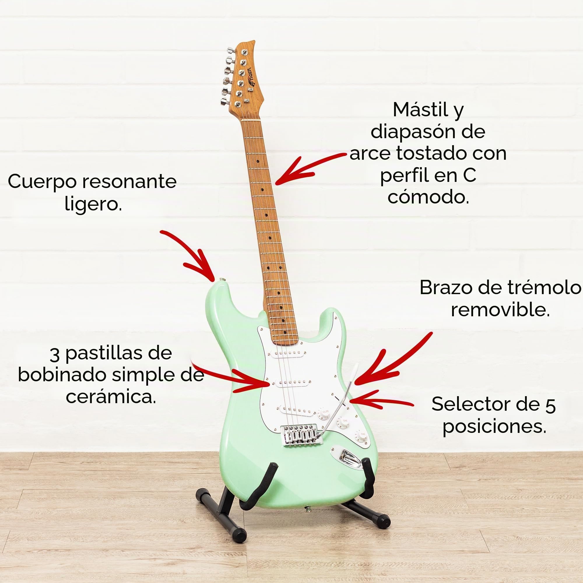 Tiger ELG-MG Guitarra Eléctrica Tamaño Completo - Verde Menta | Cuello de Arce Tostado, 3 Pastillas Single Coil (SSS), Apta para Todos los Estilos