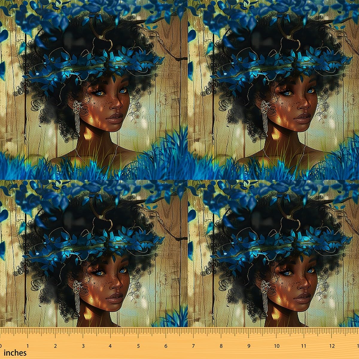 Homemissing Black Woman Waterproof Outdoor Fabric Black Princess Fabric by The Yard Kids African American Girl Upholstery Fabric Ultra Soft Blue Botanical Reupholstery Fabric 1 Yard (L92*W150cm)