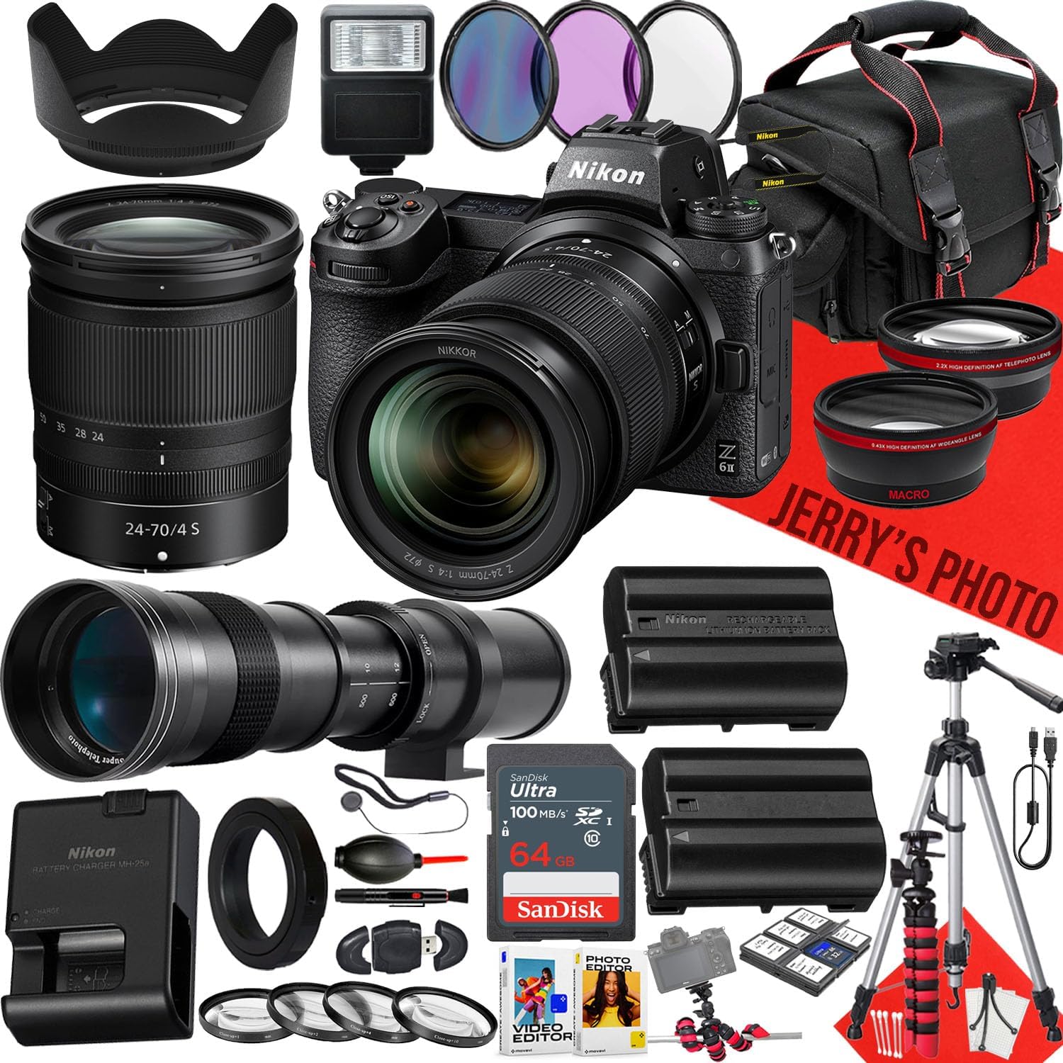 Nikon Z6 II Mirrorless Camera with NIKKOR Z 24-70mm f/4 S and 420-800mm f/8.3 HD Telephoto Zoom Lens + 64GB Memory + Extra Battery + Slave Flash + Filters + Tripod + More (33pc Bundle) (Renewed)