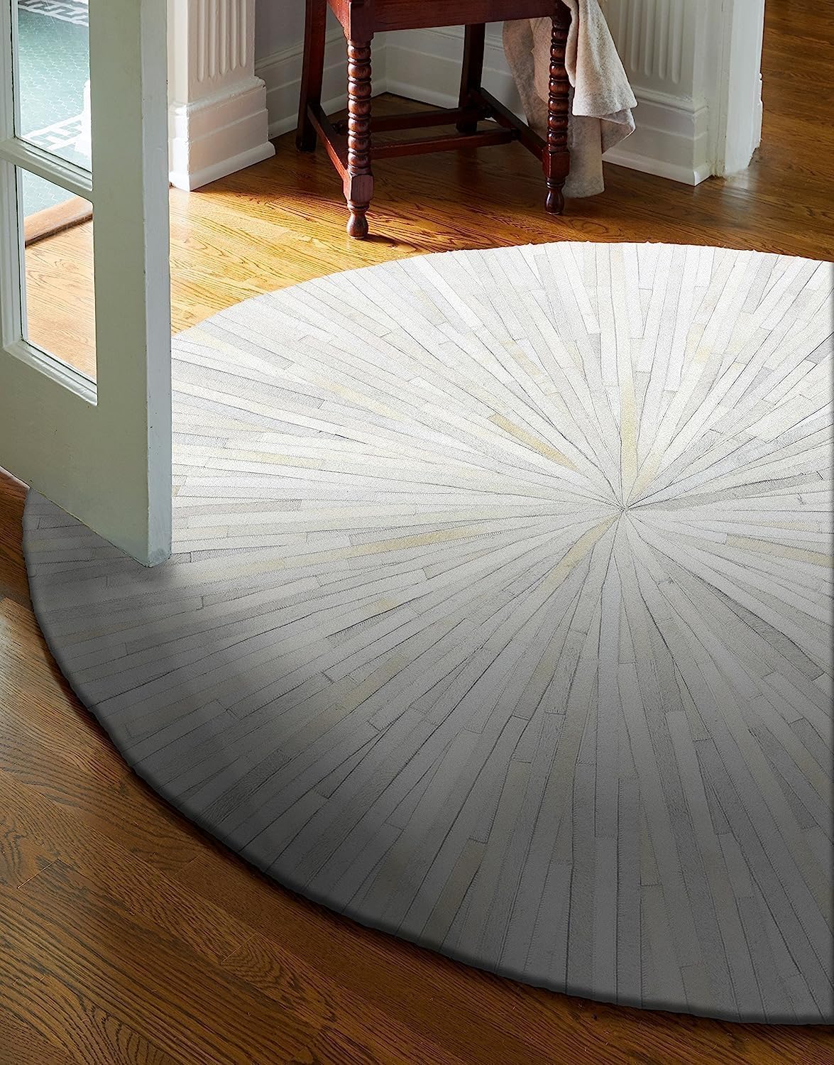 Premium Cowhide Leather Hand Made Stripes Patterned Round Area Rug - 3X3 ft - White, Premium Hand Made House Carpet for Living Room, Bedroom, Entryway