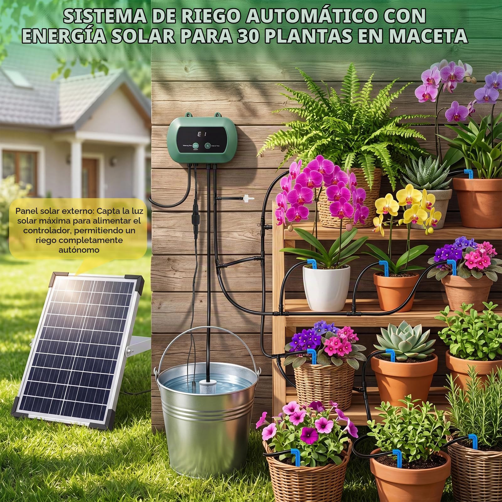 Anpress Riego Por Goteo Automático Energía Solar, Sistema de Riego Solar para Jardín con 10 Modos de Riego & 30 Cabezales de Goteo para Plantas en Macetas de Jardín al Aire Libre e Interior, Verduras