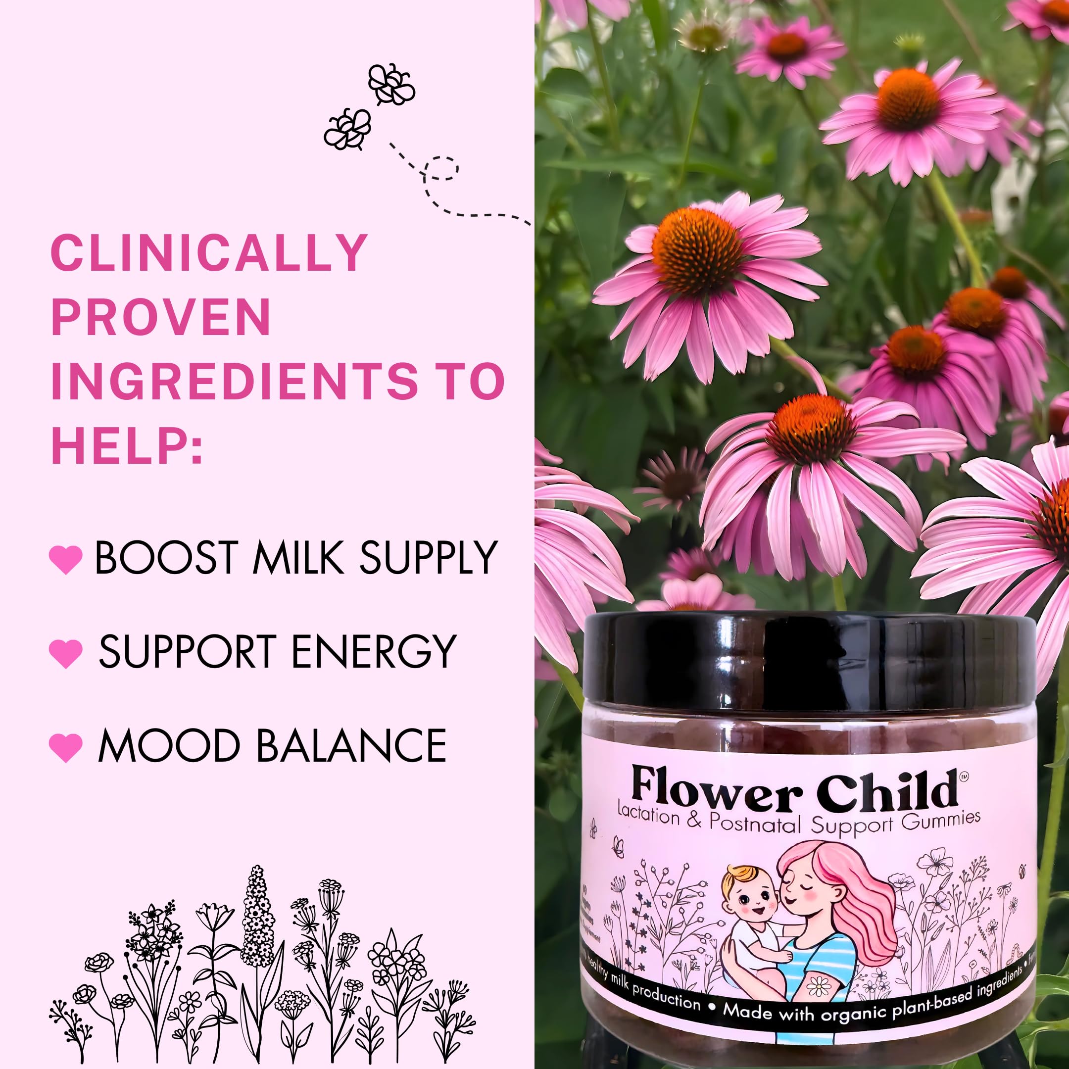 Flower Child Breastfeeding Gummies for Milk Production with Organic Moringa, Milk Thistle, Choline & DHA, Lactation Supplement Postnatal Recovery Vitamins, Fenugreek Free, Vegan, 60 Count — Amazon image 2
