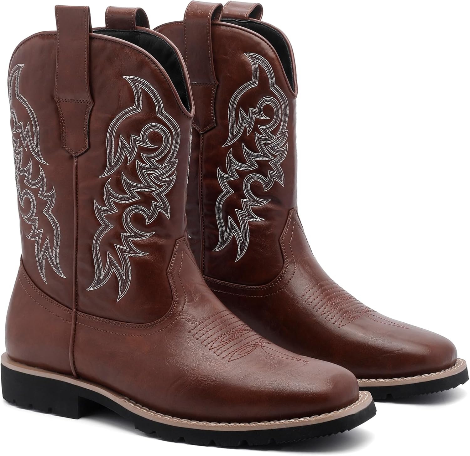 Men's Cowboy Boots, Wide Square Toe Western Boots with Classic Embroidery, Lightweight Boots with Side Zipper Holes, Slip-Resistant Durable Retro Boots for Rodeo, Farm, Gifts