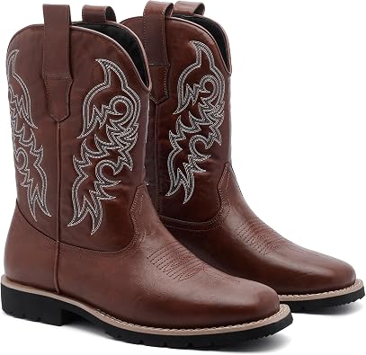 Mens Cowboy Boots, Wide Square Toe Western Boots with Classic Embroidery, Lightweight Boots with Side Zipper Holes, Slip-Resistant Durable Retro Boots for Rodeo, Farm, Gifts