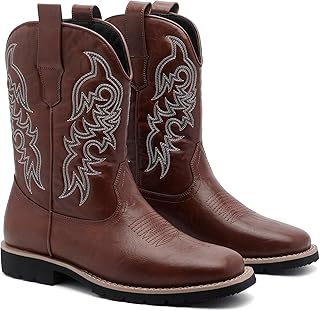 Cowboy Boots for Men PU Leather Embroidered Western Square Toe Boots with Slip Resistant Sole and Comfortable Fit