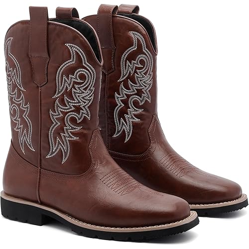 Men's Cowboy Boots, Wide Square Toe Western Boots with Classic Embroidery, Lightweight Boots with Side Zipper Holes, Slip-Resistant Durable Retro Boots for Rodeo, Farm, Gifts
