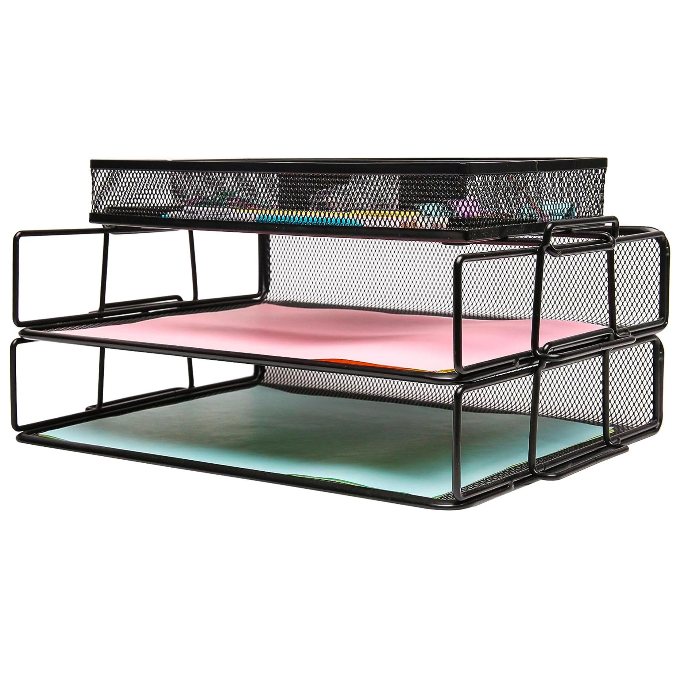 EXERZ Paper Sorters 2pcs with an Accessory Tray/Stackable Letter Trays, with Extra Divider Memo Holder On Top/Desk Organiser – Office, School, Home