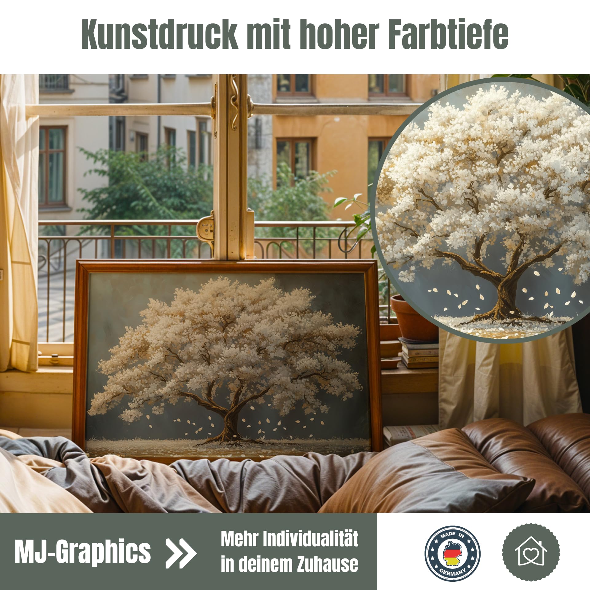 MJ-GRAPHICS® 91,5x61cm Poster Baum Weiß Gold XXL großes Bild Wandbild Kunstdruck Modern Landschaft Wohnzimmer Wanddeko Kunstdruck Design Bild auf Poster für Wohnzimmer Büro ungerahmt