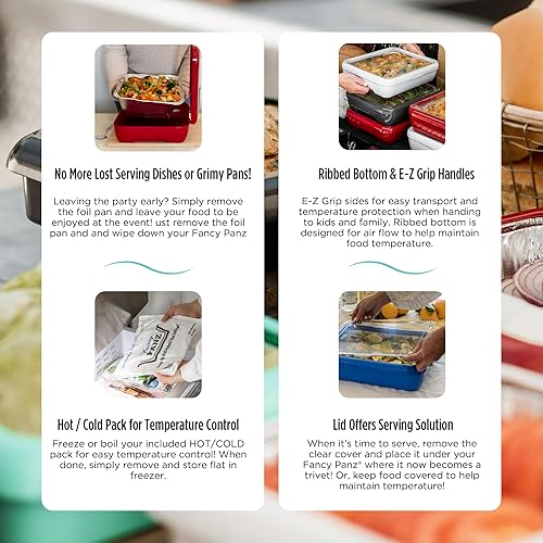 Vista 6 de Fancy Panz Bandeja de servir para alimentos, fabricada en los Estados Unidos, soportes apilables de aluminio para sartén, transportador de cazuela