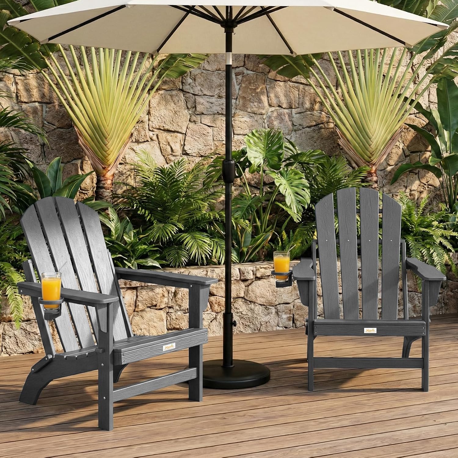 Folding Adirondack Chairs Set of 4, All Weather Stable Gun-Leg Design Fire Pit Chairs with Cupholder for Outside