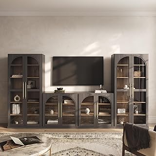 BELLEZE 4-Piece Modular TV Stand Set - 2 Arched Glass Door Sideboard Buf...