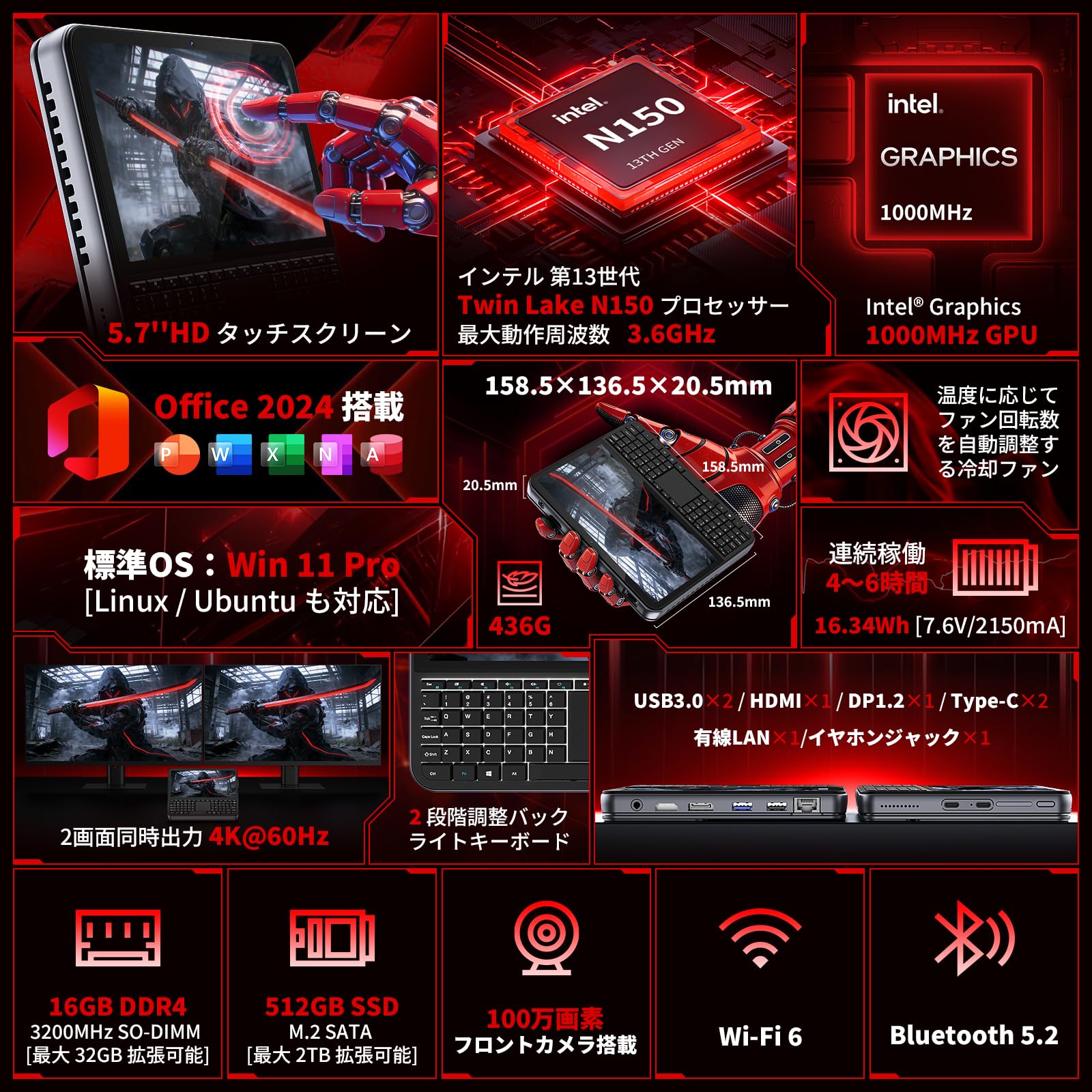 Amazon.co.jp: ミニpc ディスプレイ付き【Intel N150搭載】16GB DDR4+
