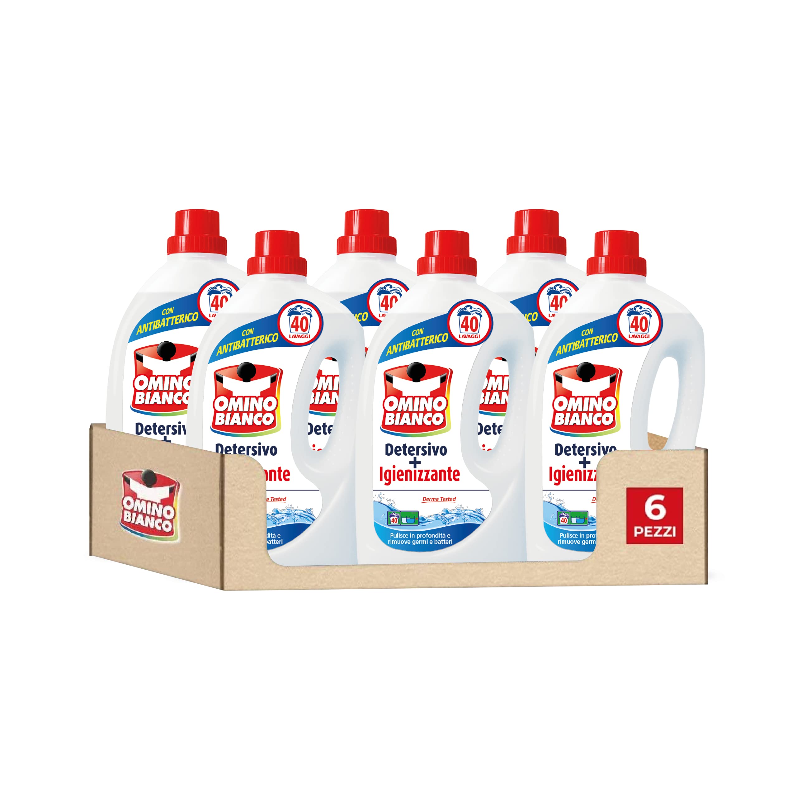 Omino Bianco - Detergente para lavadora, higienizante líquido, higieniza las prendas y elimina los gérmenes y bacterias, formato conveniente, 240 lavados, 2000 ml x 6 paquetes