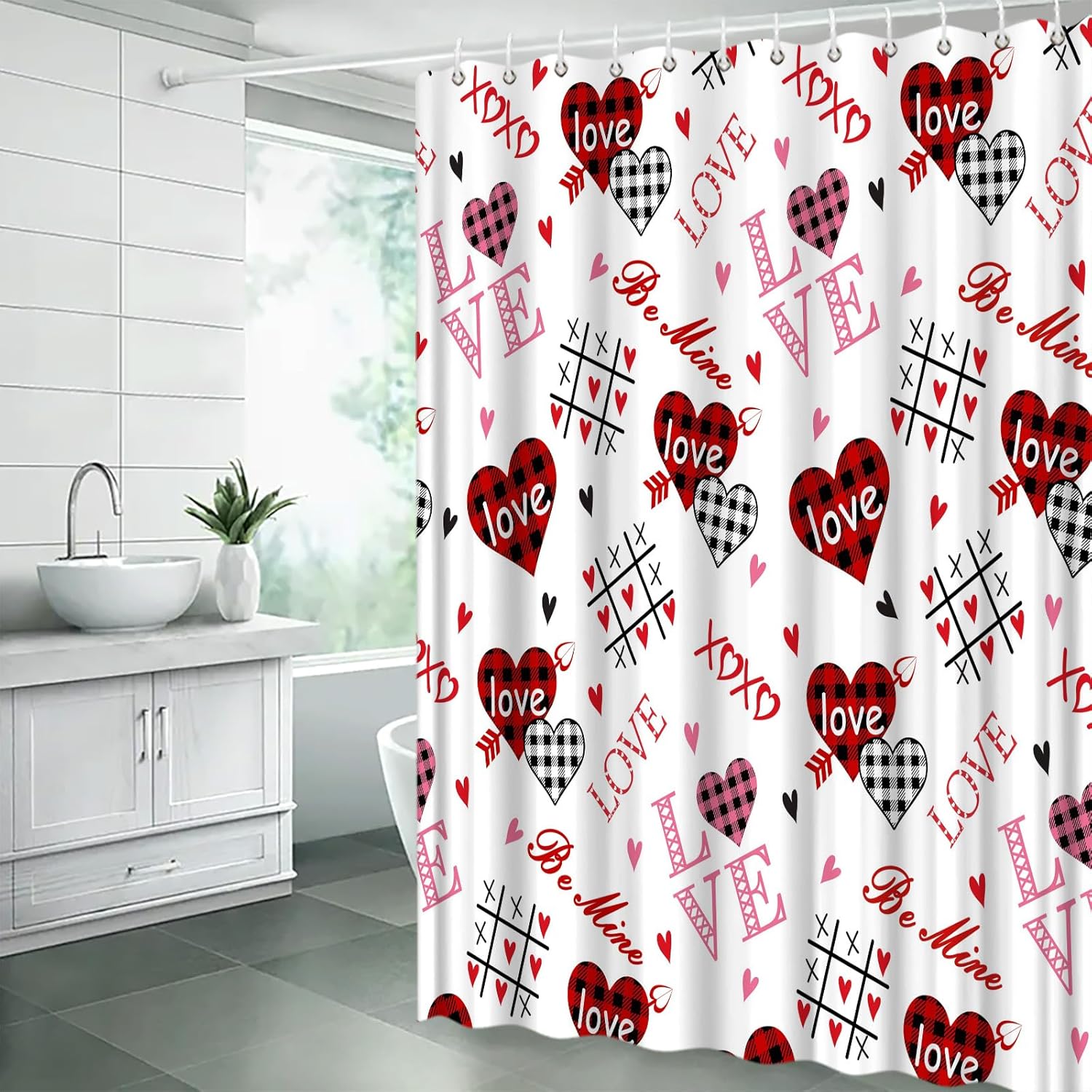 Valentines Extra Long Shower Curtain,Heart Love Checkered Plaid Pink Red Modern Bathroom Home Curtain Decor with Hooks,70x78 Inch