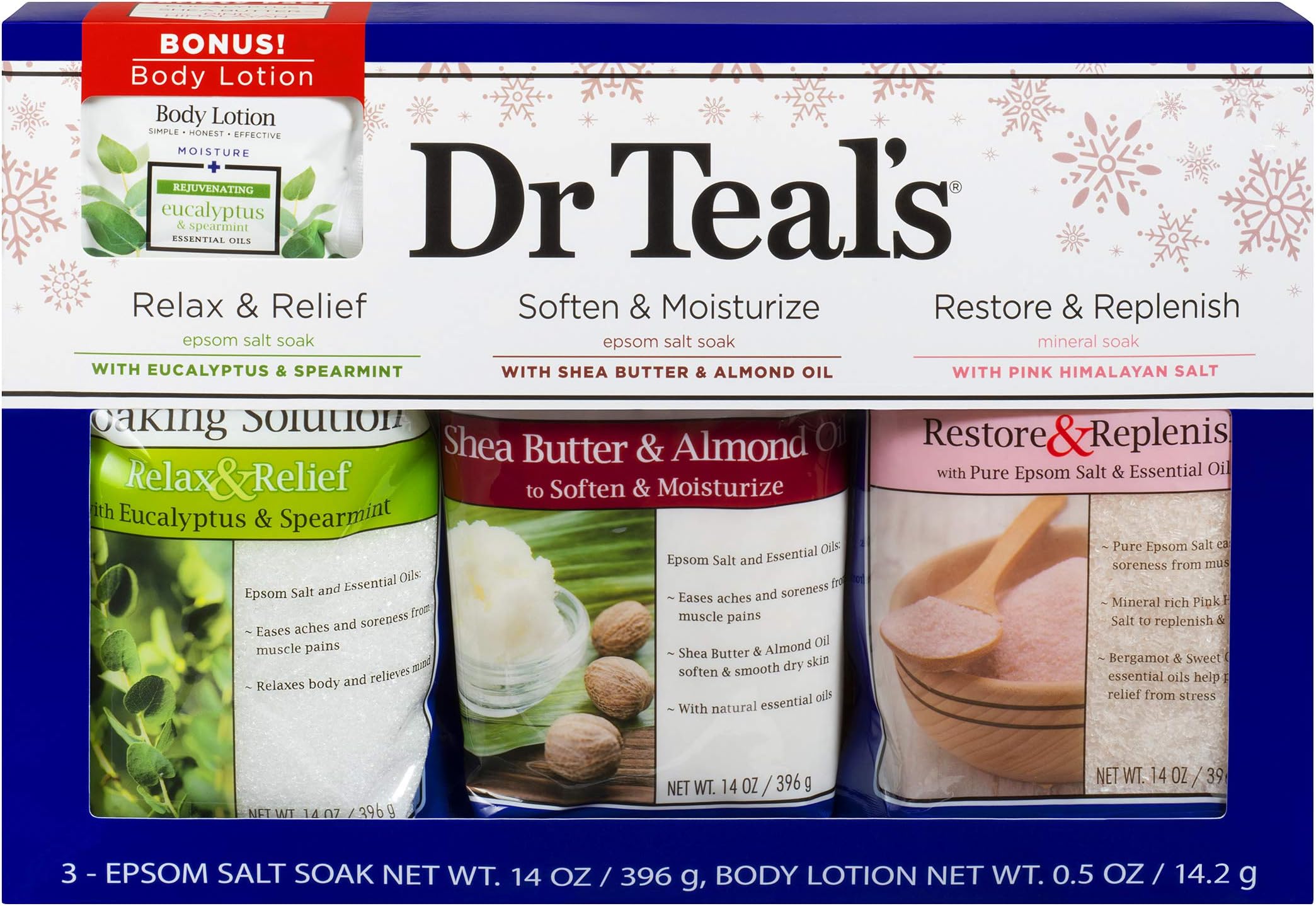 Dr Teal's Epsom Salt Variety Pack (Eucalyptus & Spearmint, Shea Butter & Almond Oil, Pink Himalayan 14 oz. Bags) w/ 1 oz. Eucalyptus & Spearmint Body Lotion