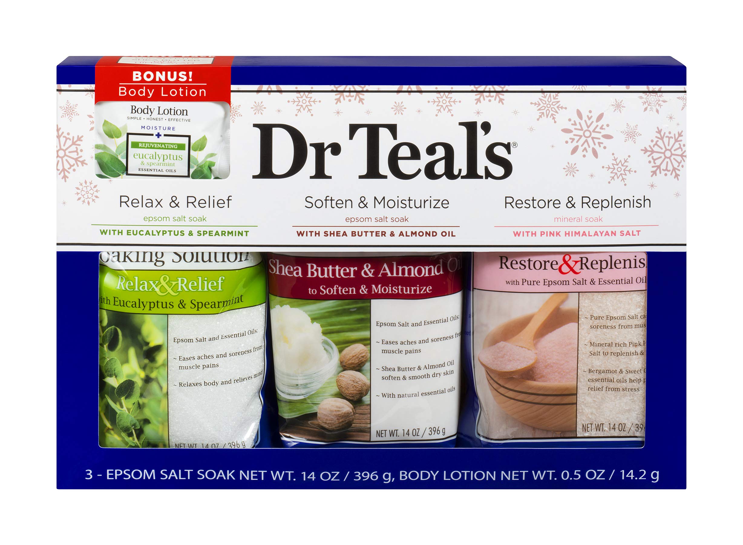 Dr Teal's Epsom Salt Variety Pack (Eucalyptus & Spearmint, Shea Butter & Almond Oil, Pink Himalayan 14 oz. Bags) w/ 1 oz. Eucalyptus & Spearmint Body Lotion