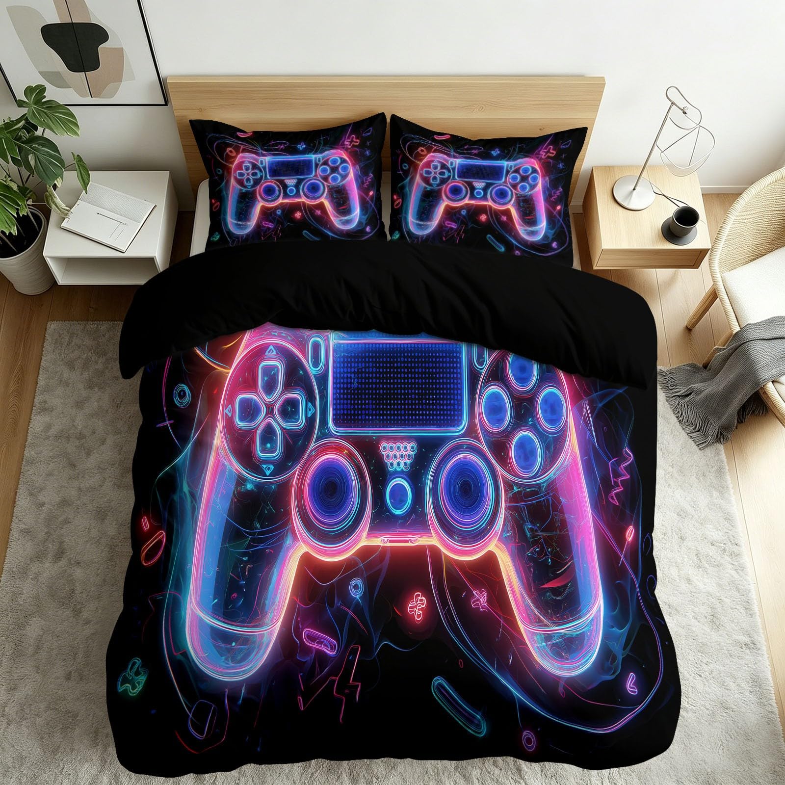 Juego de vídeo - Funda nórdica de 240 x 260 cm, juego de cama para 2 personas, de microfibra suave, mando juego de vídeo luminoso 3D, funda nórdica con 2 fundas de almohada para niño adolescente